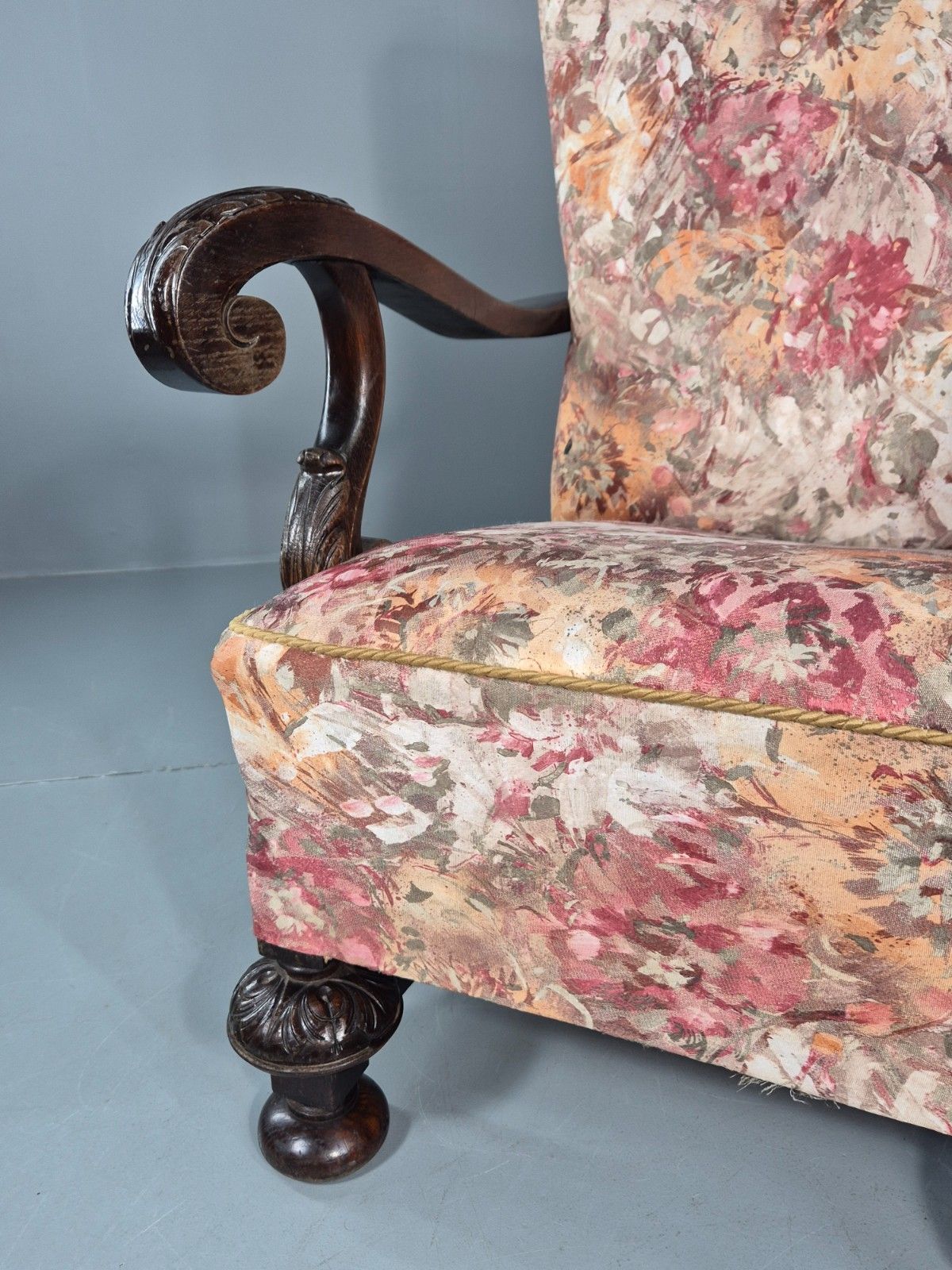 Vintage Carved Oak Chair Floral Fabric 1940s Traditional Curved Eb10752 Vcar photo for sale