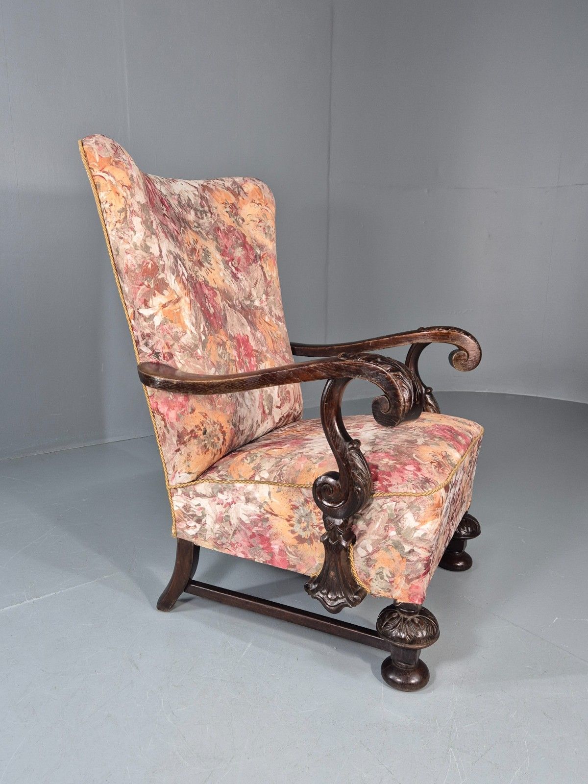 Vintage Carved Oak Chair Floral Fabric 1940s Traditional Curved Eb10752 Vcar photo vintage