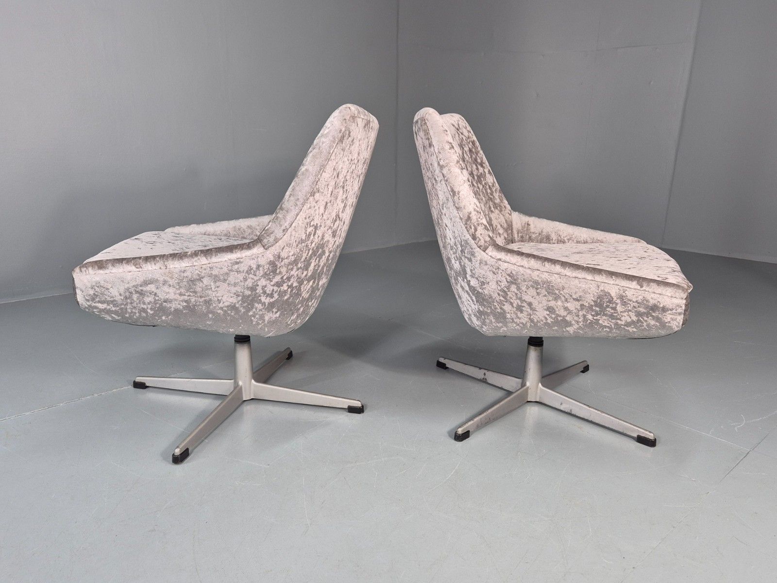 2 Swedish Swivel Chairs 1960s Retro Silver Blue Velvet Upholstery  Eb10723 Mnor photo for sale