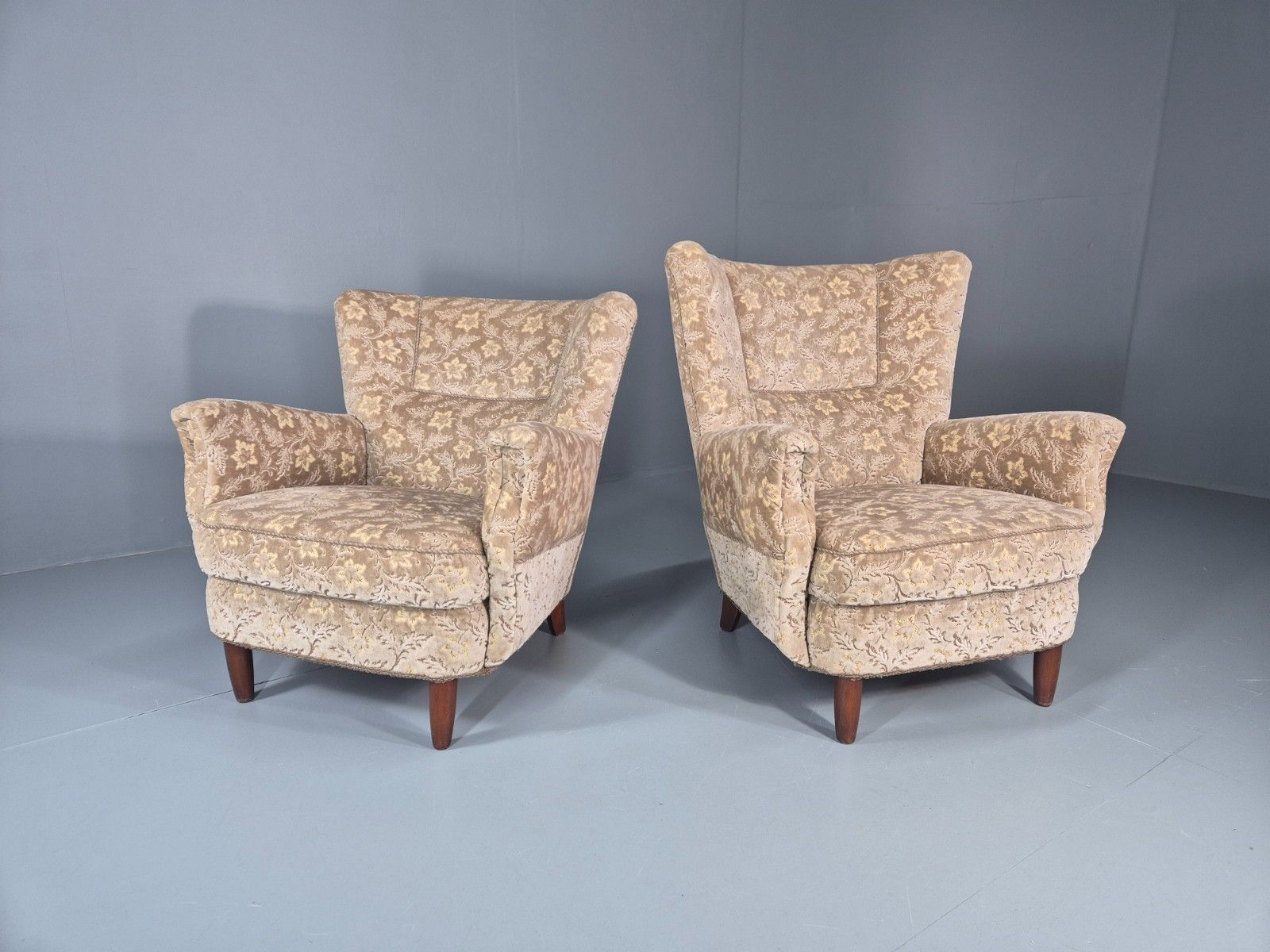 2 1950s Lounge Chairs Mid Century Danish Floral Moquette Retro  Eb11318 Mnor