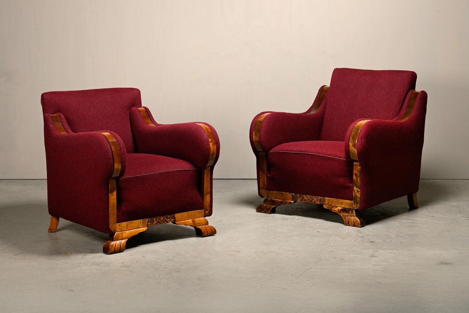 Pair Danish Cabinetmaker Art Deco Armchairs In Burgundy Wool Fabric photo furniture