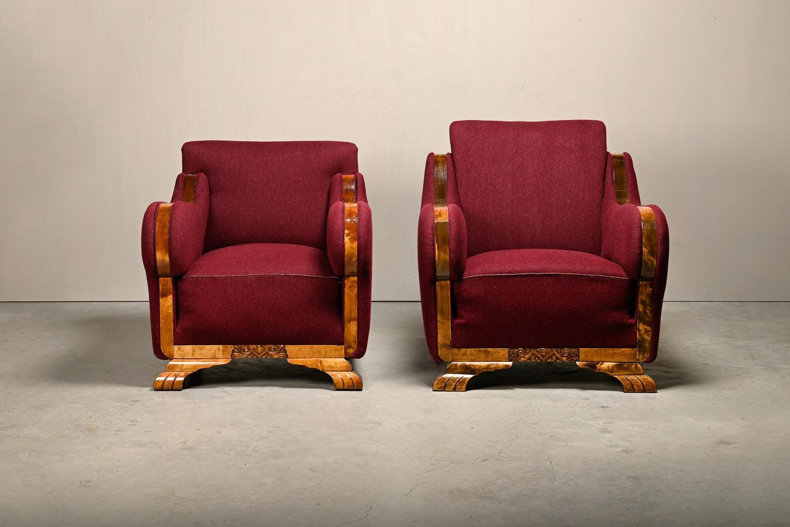 Pair Danish Cabinetmaker Art Deco Armchairs In Burgundy Wool Fabric photo 2827.0