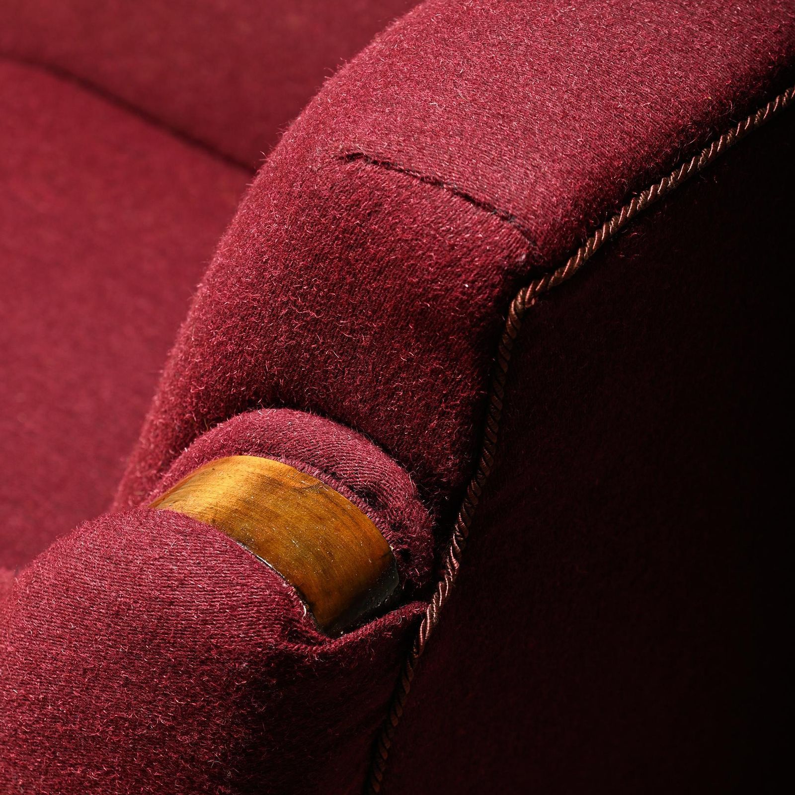 photo buy Pair Danish Cabinetmaker Art Deco Armchairs In Burgundy Wool Fabric