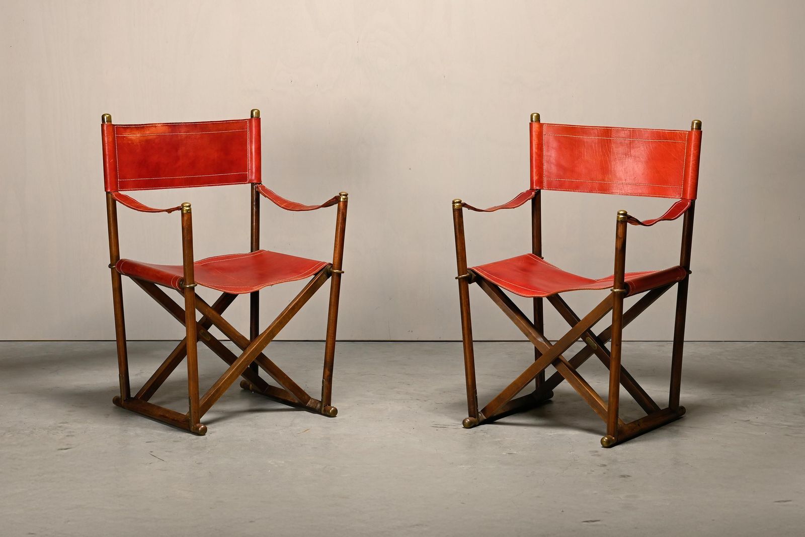 Pair Mogens Koch Mk 16 Folding Chair In Oak Wood With Red Leather For Valmazan photo furniture