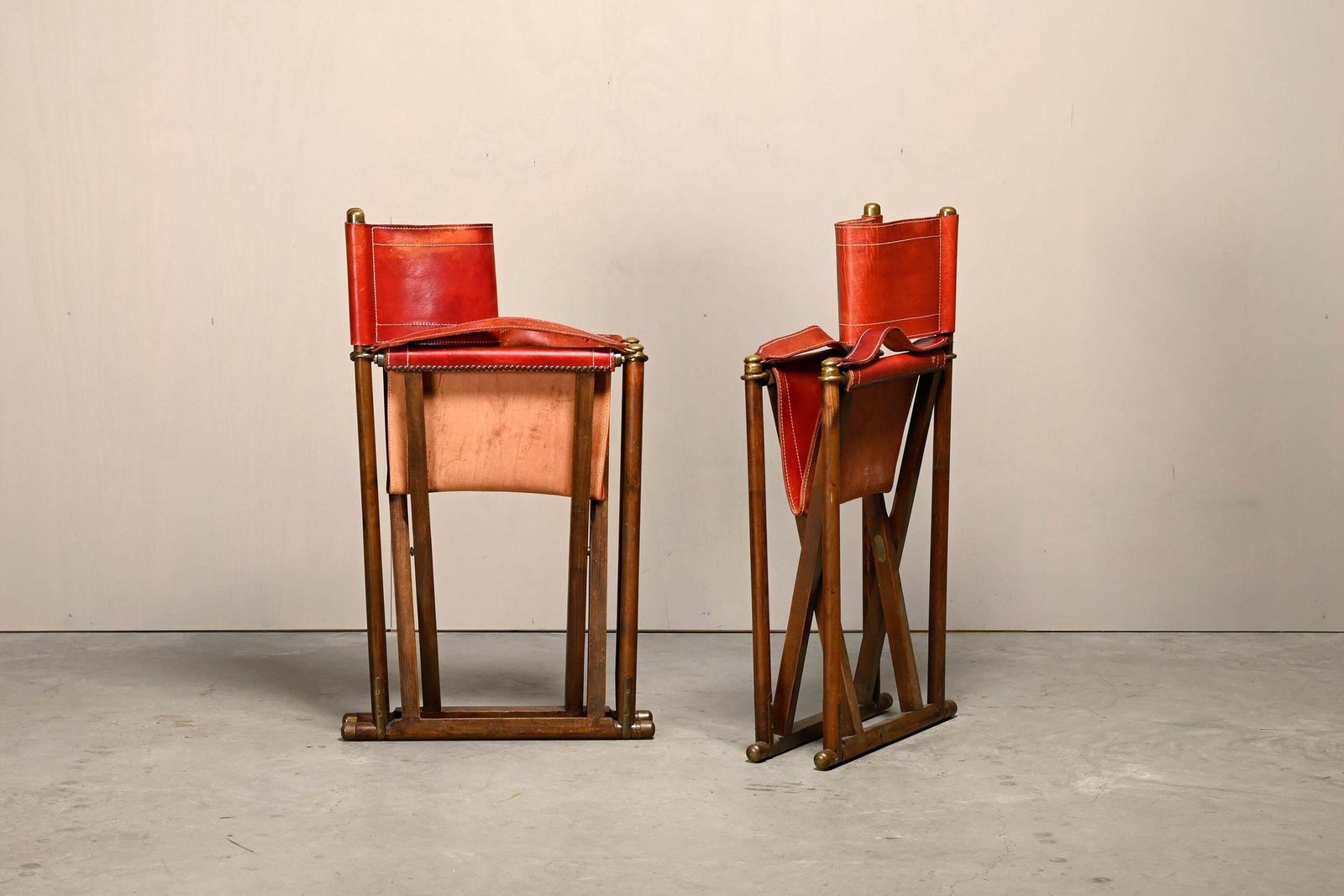 Pair Mogens Koch Mk 16 Folding Chair In Oak Wood With Red Leather For Valmazan photo buy