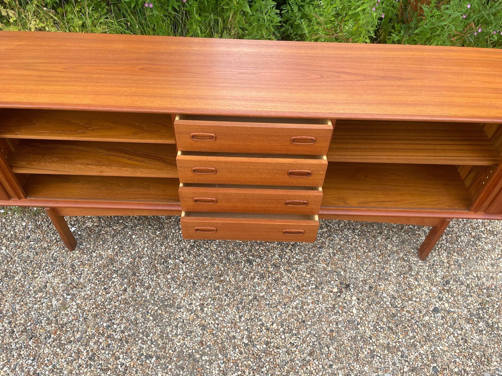 Vintage Mid Century Modern Danish Teak Tambour Fronted Sideboard By Bernh Pedersen & Son’s 1970 photo for sale