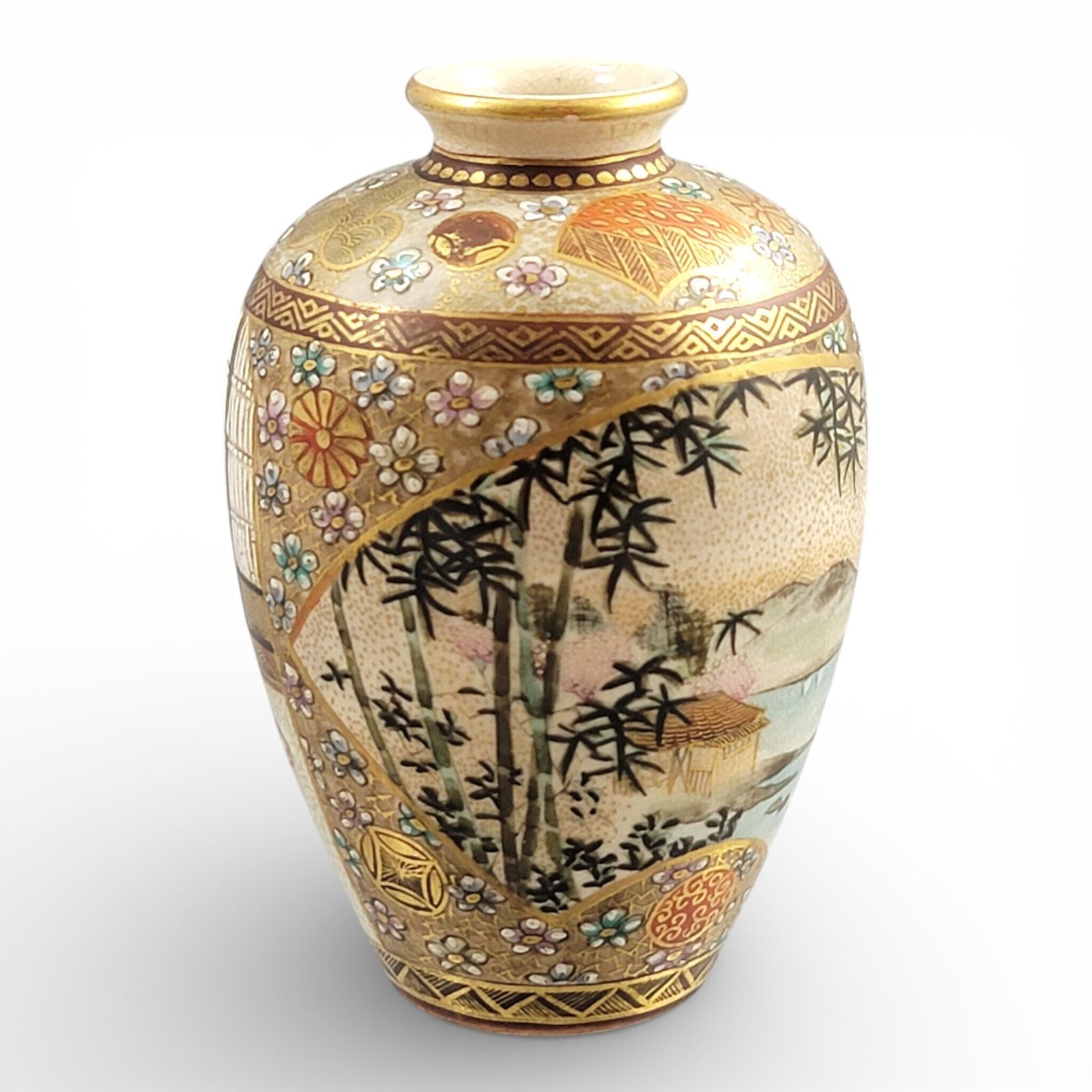 Antique Japanese Meiji Period Satsuma Vase By Shuzan With Stippled Gold (C. 1900) photo for sale