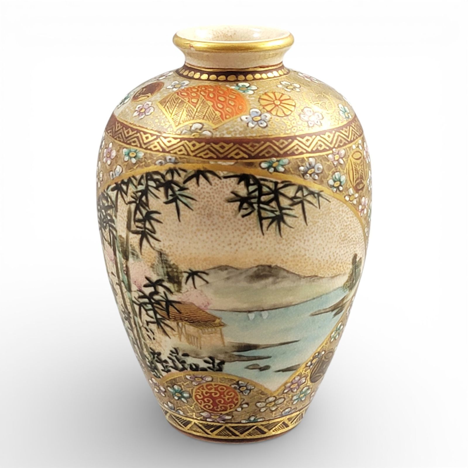 Antique Japanese Meiji Period Satsuma Vase By Shuzan With Stippled Gold (C. 1900) photo 600.0