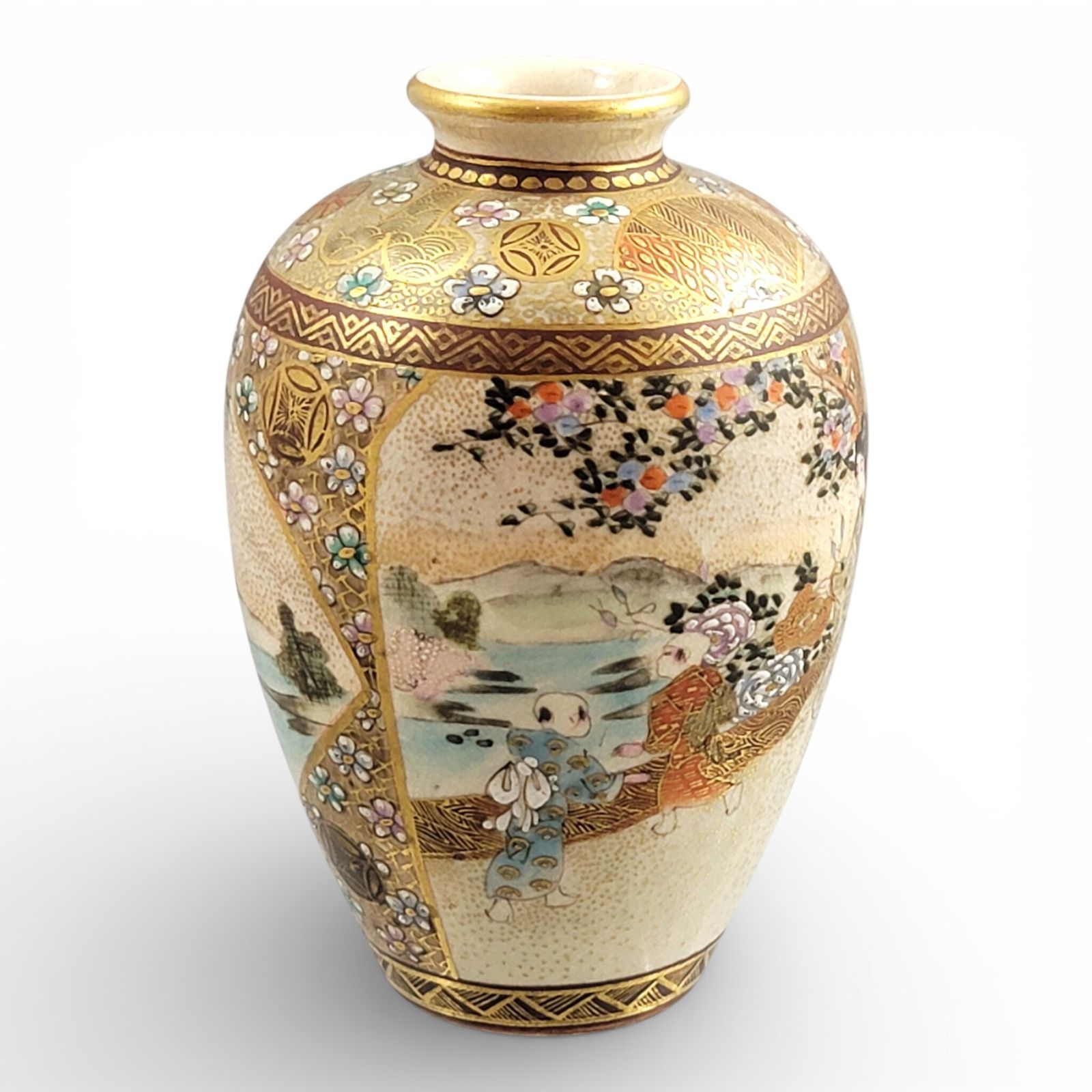 Antique Japanese Meiji Period Satsuma Vase By Shuzan With Stippled Gold (C. 1900) photo vintage