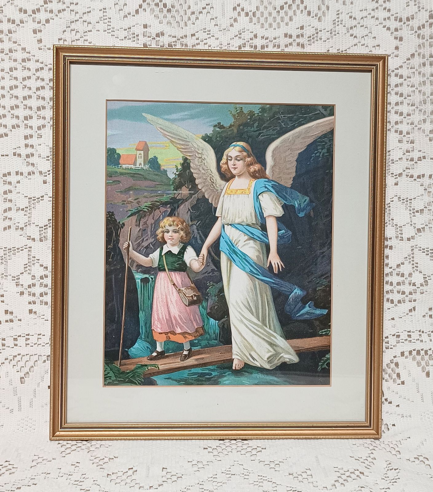 Antique Chromolithograph The Guardian Angel And Child Framed. photo vinterior
