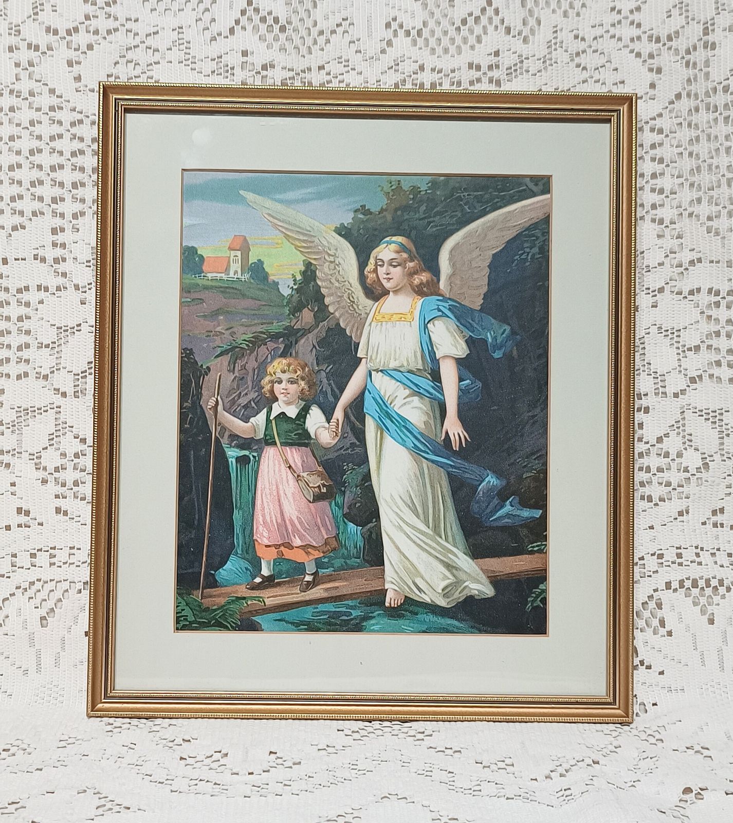 Antique Chromolithograph The Guardian Angel And Child Framed. photo 90.0