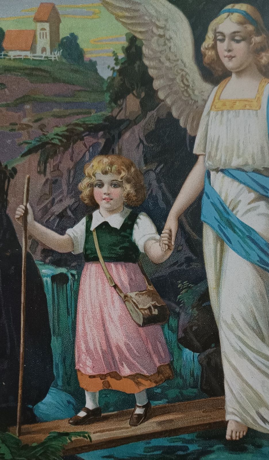 Antique Chromolithograph The Guardian Angel And Child Framed. photo Art