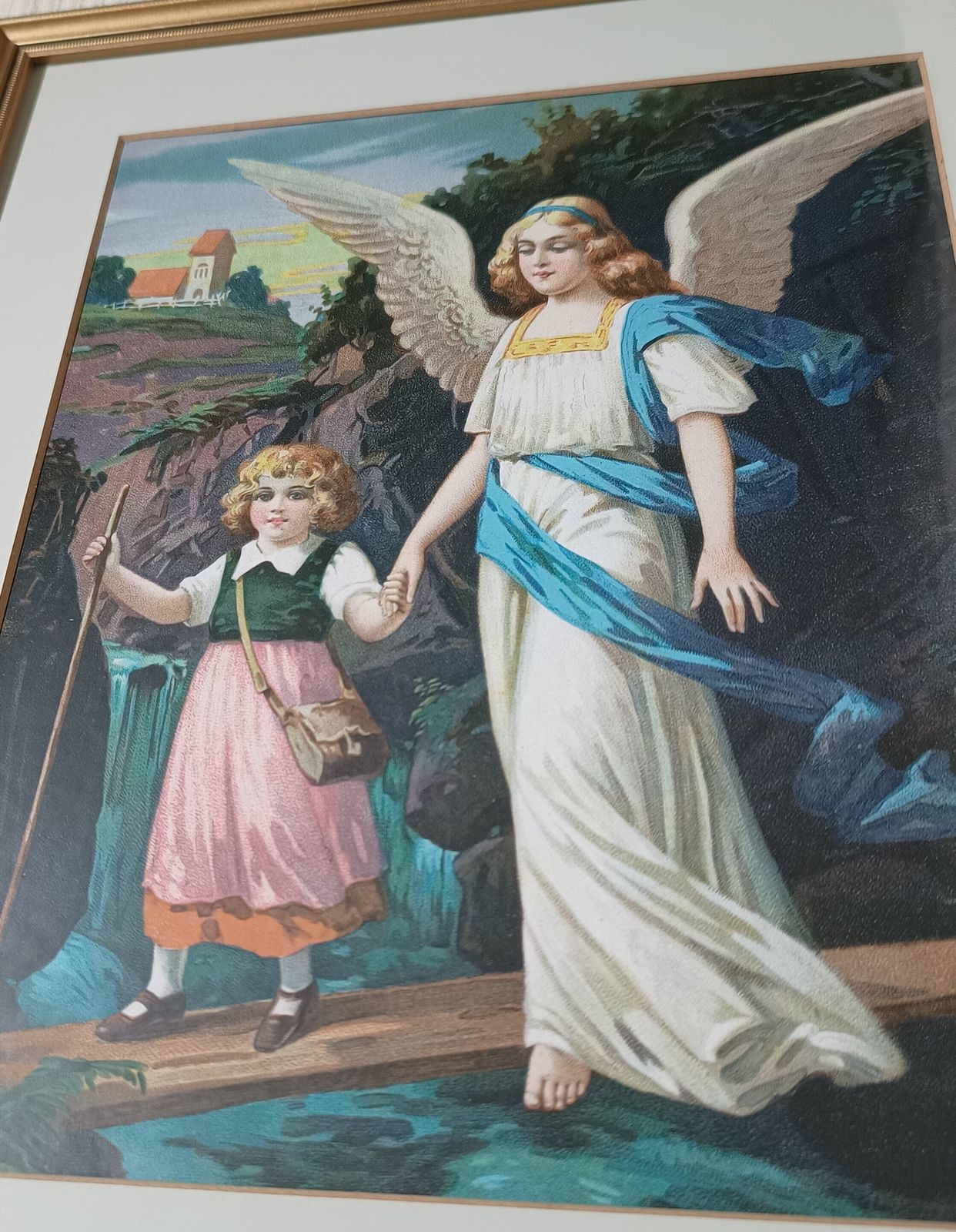 Antique Chromolithograph The Guardian Angel And Child Framed. photo buy