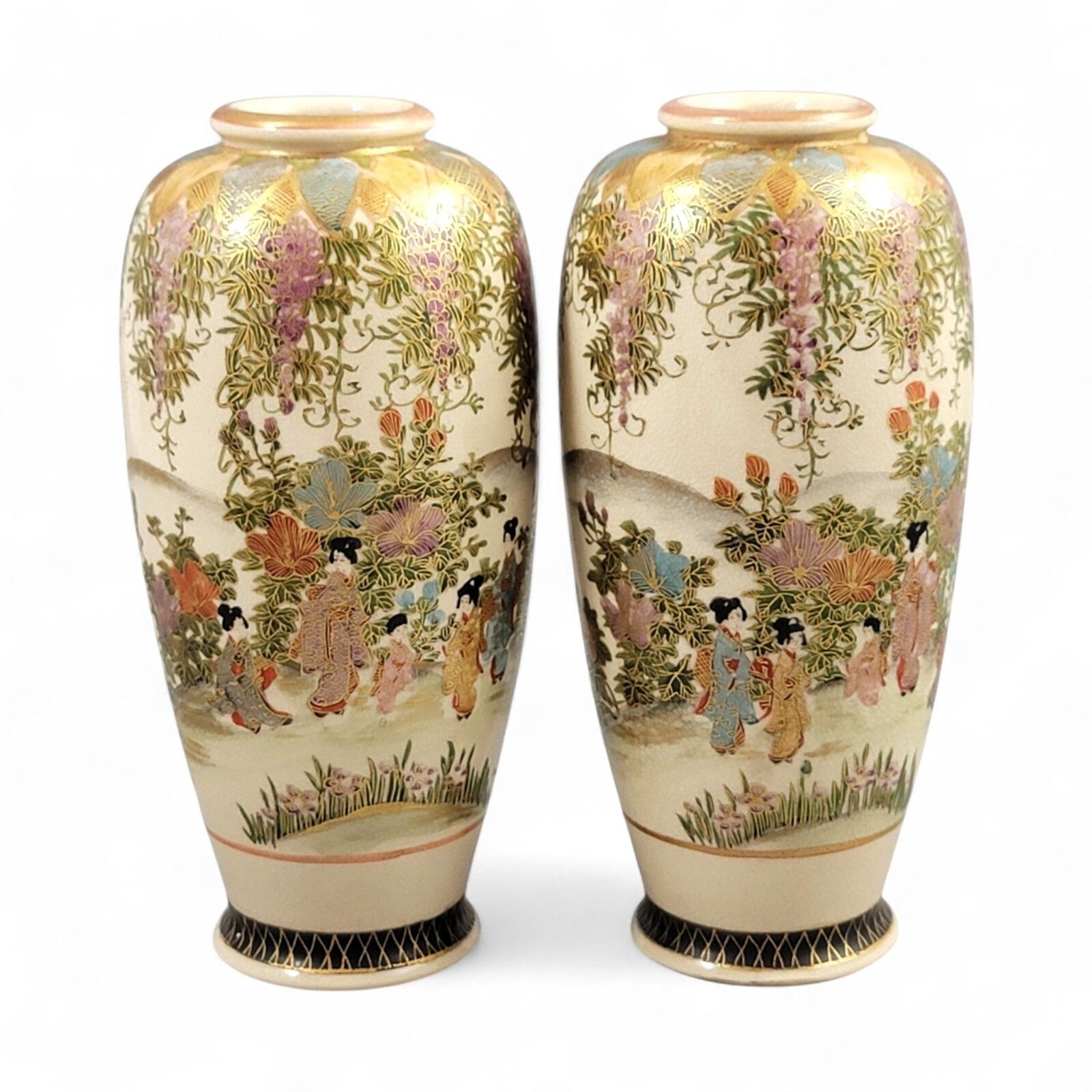 Pair Kyoto Satsuma Vases By Hakusan (白山), Wisteria & Bijin, C. 1890–1915 photo for sale