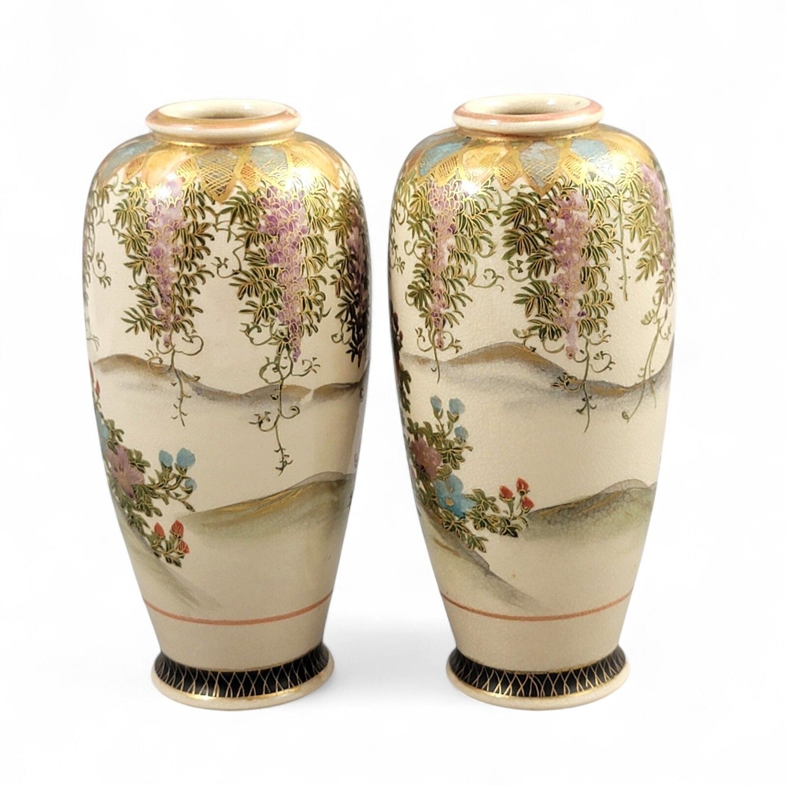 Pair Kyoto Satsuma Vases By Hakusan (白山), Wisteria & Bijin, C. 1890–1915 photo Home Decor