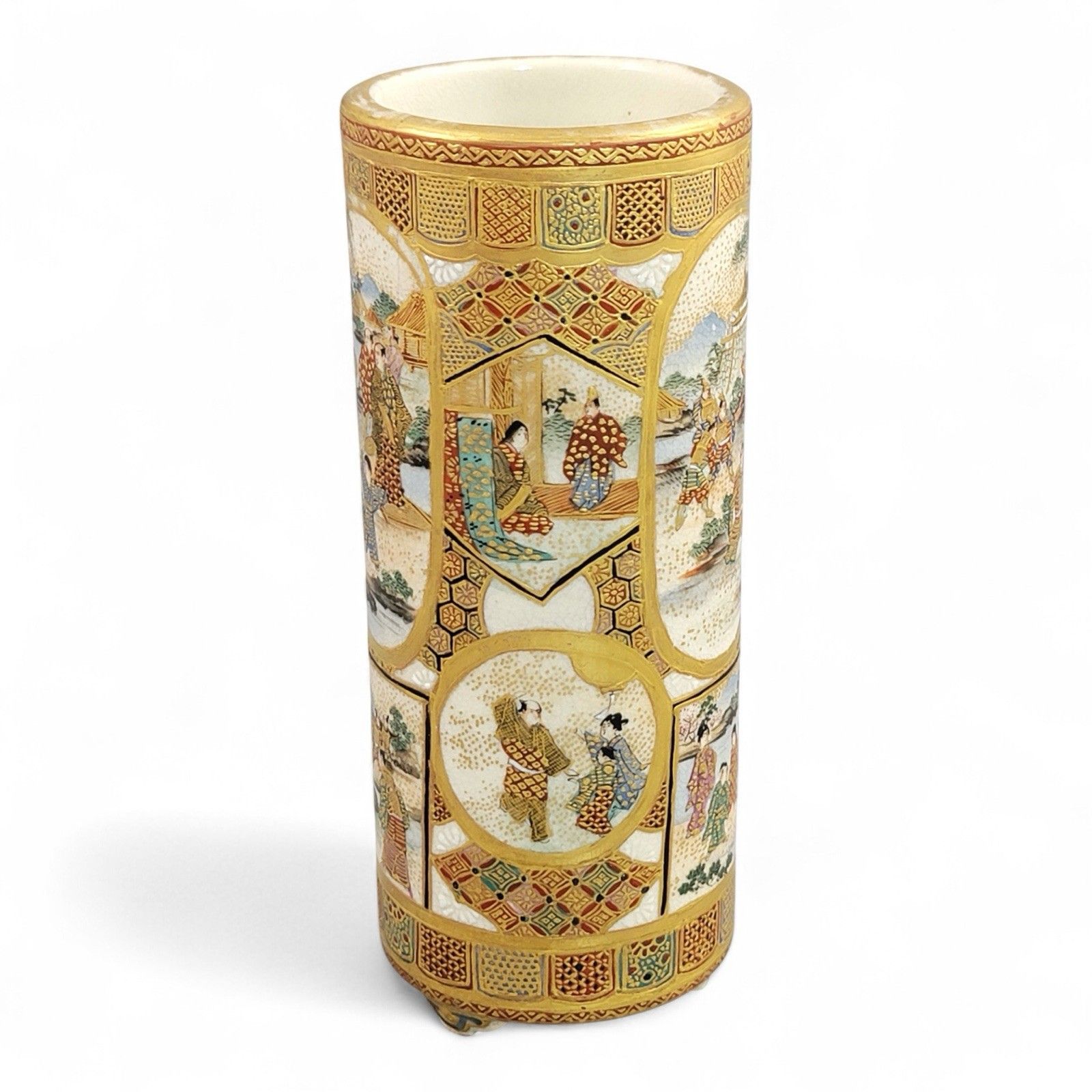 Meiji Japanese Satsuma Cylindrical Vase With Samurai Scenes, Shimazu Mark photo Home Decor