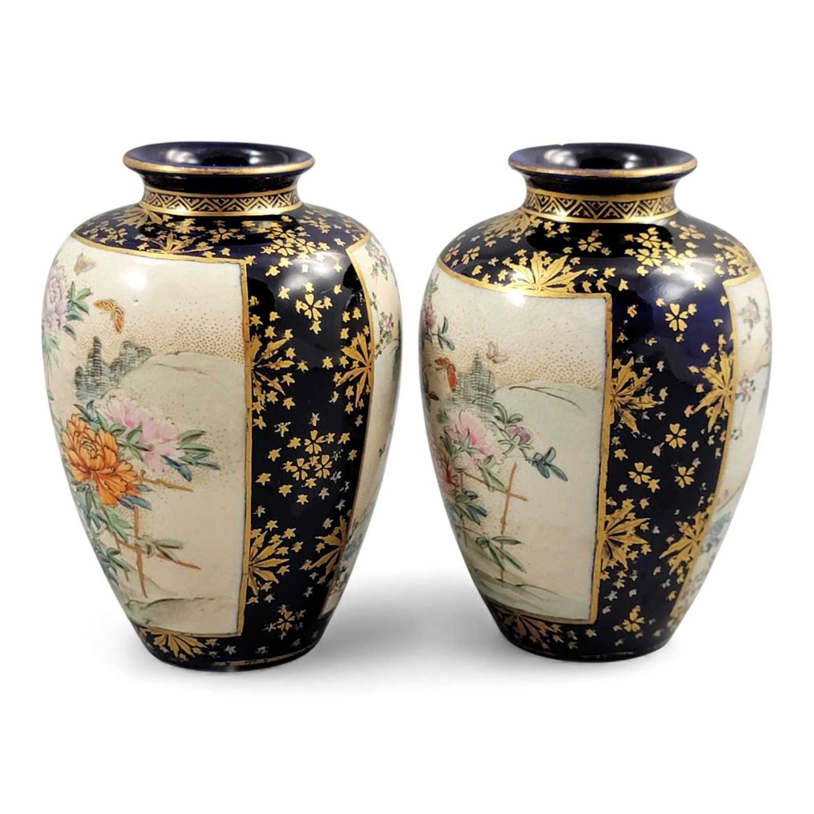 Antique Japan Kinkozan Kyoto Satsuma Porcelain Cobalt And Gold Vase Pair Meiji photo furniture
