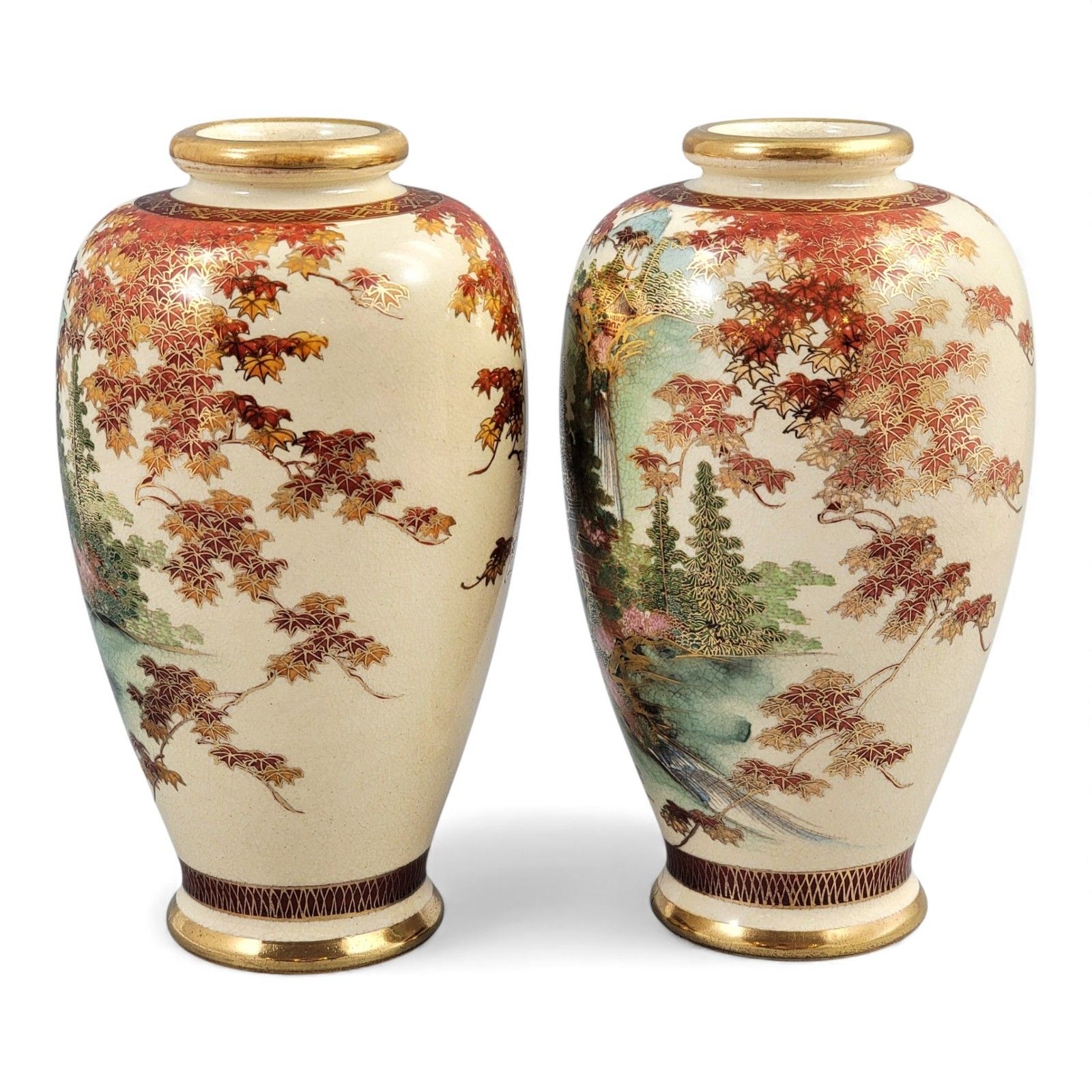 Pair 19th Century Japanese Kyoto Satsuma Porcelain Landscape Vases Meiji Period photo for sale