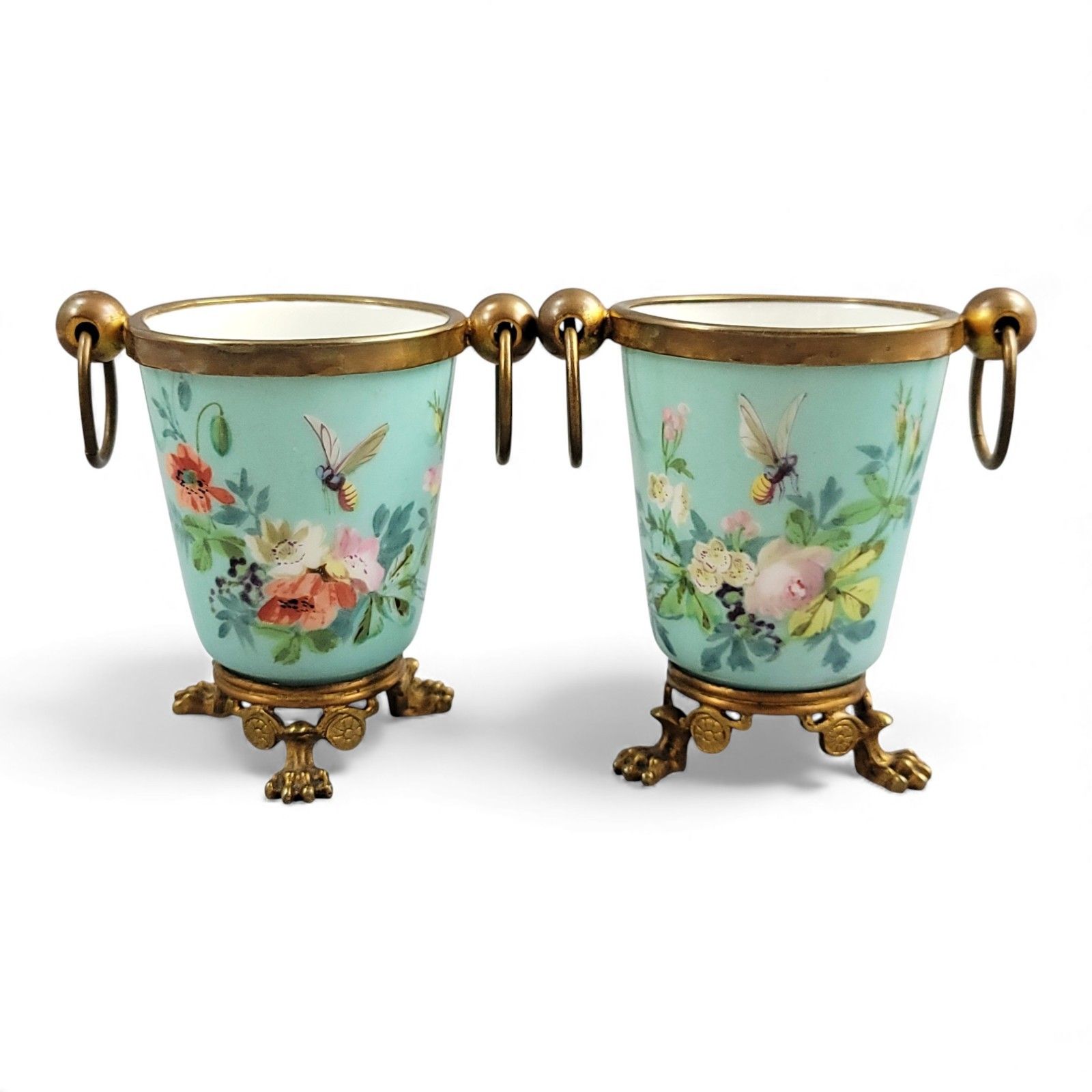 Old Paris Turquoise Cache Pots Pair C.1840 With Gilt Bronze Mounts French Decor