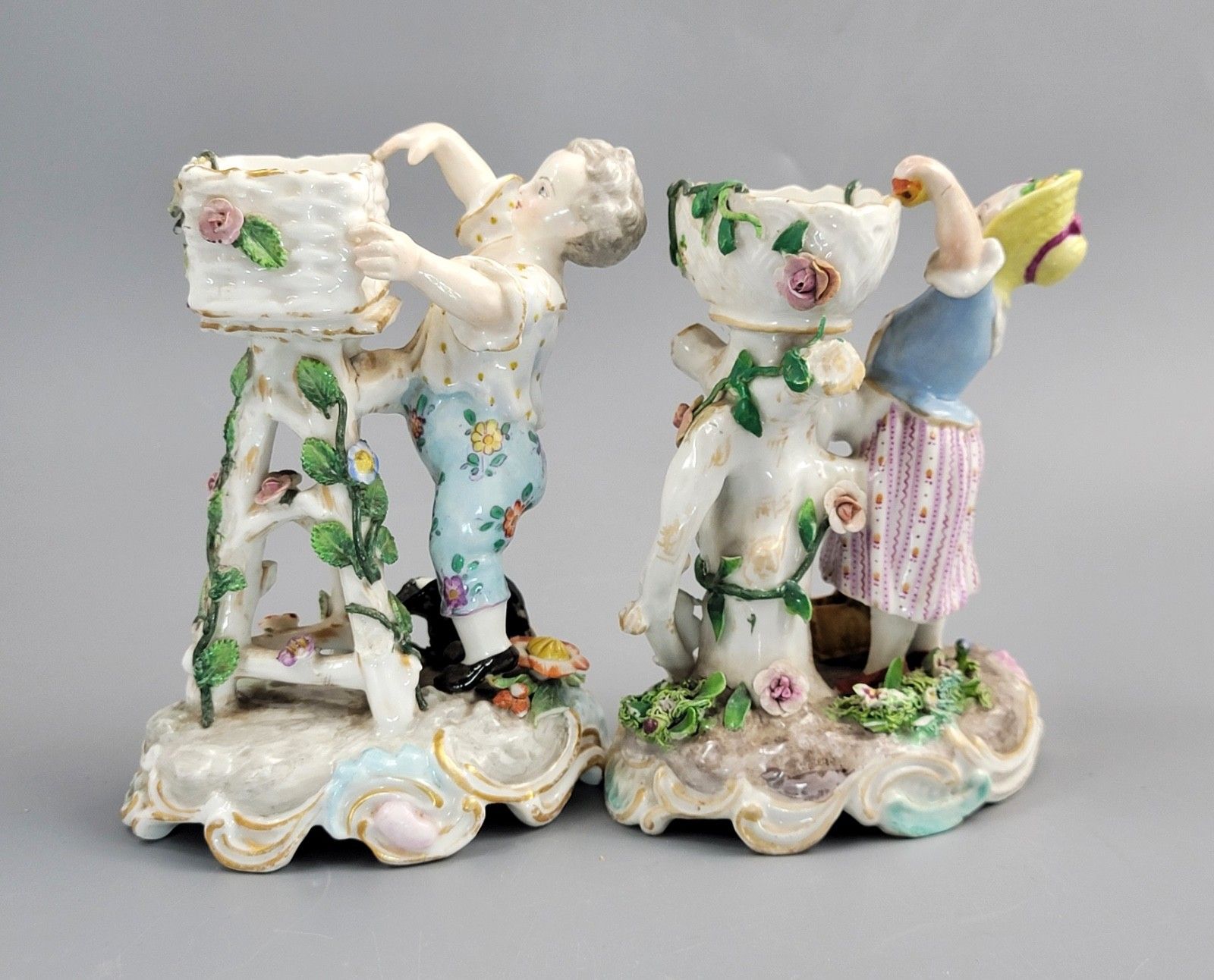 Pair Of Antique Porcelain Sweetmeat Figures, Volkstedt, C. 1880, Thuringia photo for sale