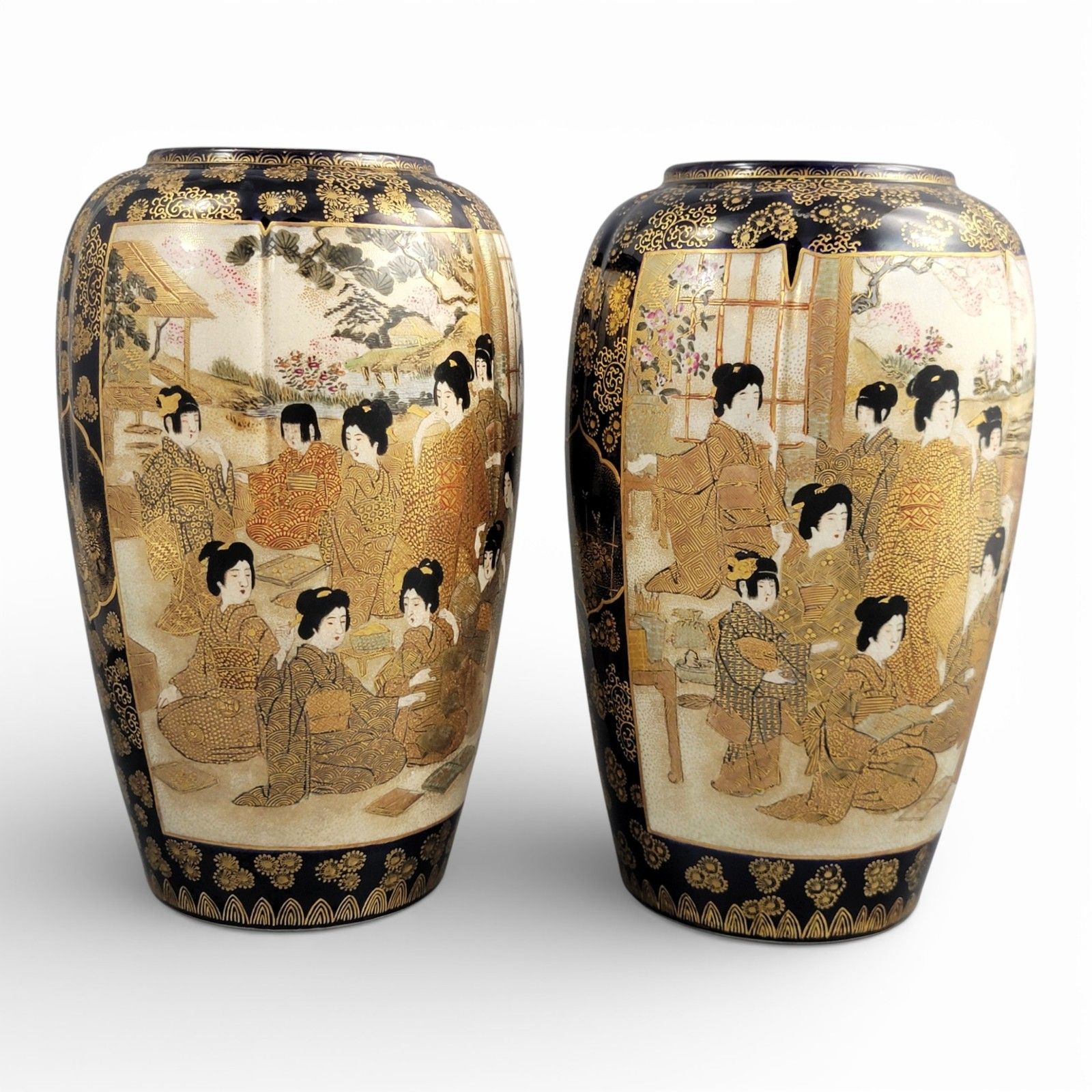 Antique Pair 25 Cm Meiji Satsuma Vases, Hodota Mark, Black And Gold, C.1890 photo 2000.0