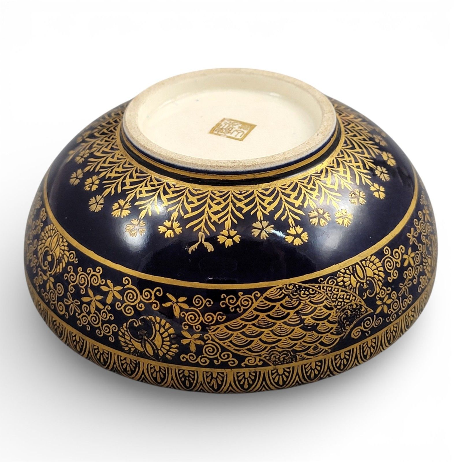 Antique Kinkozan Kyoto Satsuma Bowl C.1880, Cobalt Blue & Gold, Signed photo vinterior