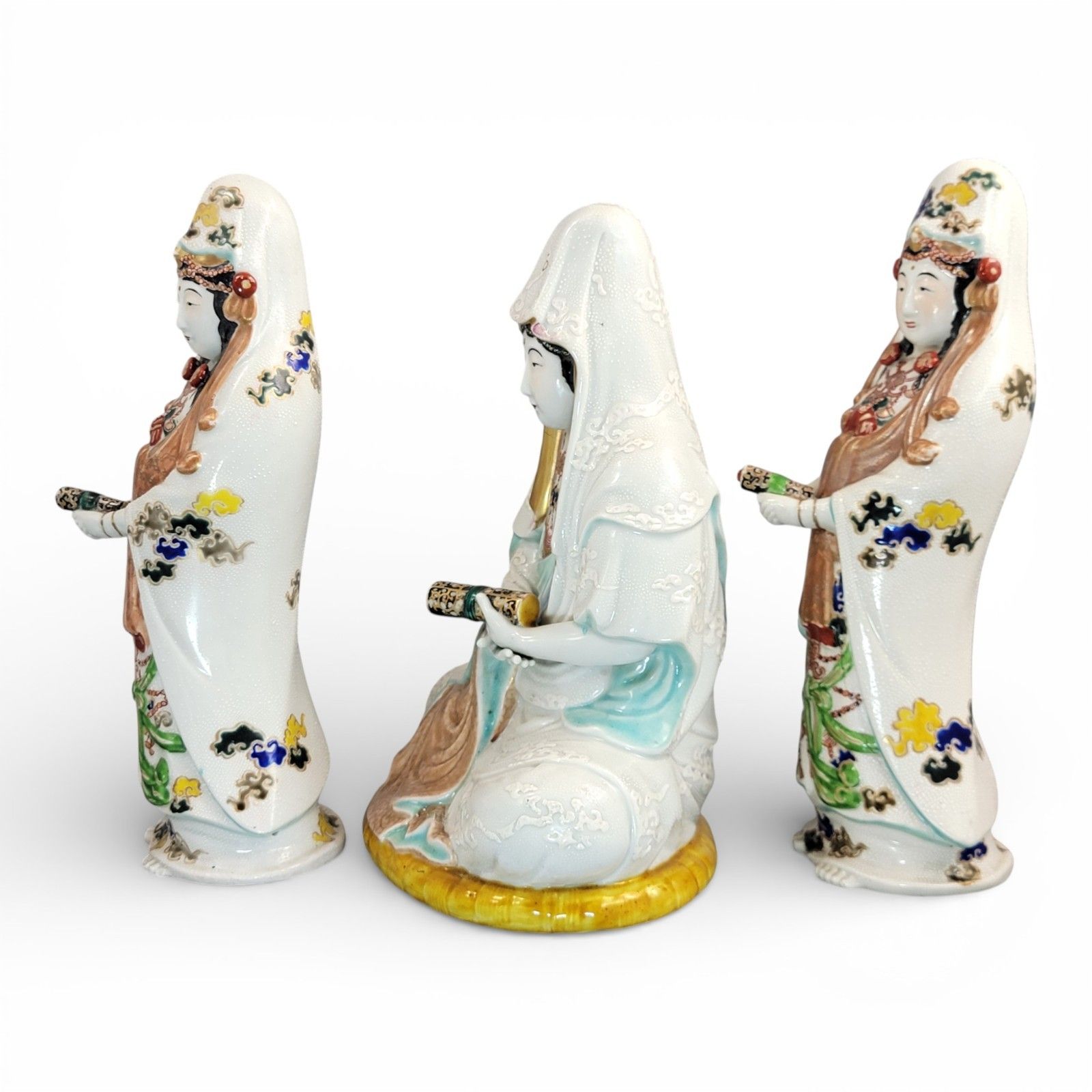 Antique Japanese Kutani Porcelain Kannon Buddhist Triad, Meiji Period C. 1880 photo Home Decor