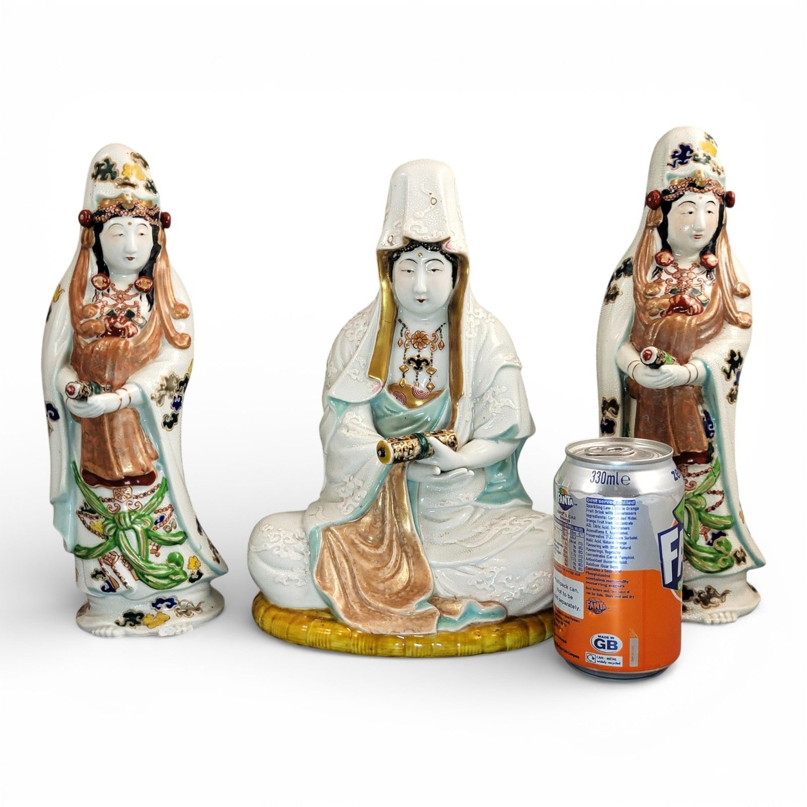 2000.0 Antique Japanese Kutani Porcelain Kannon Buddhist Triad, Meiji Period C. 1880 photo
