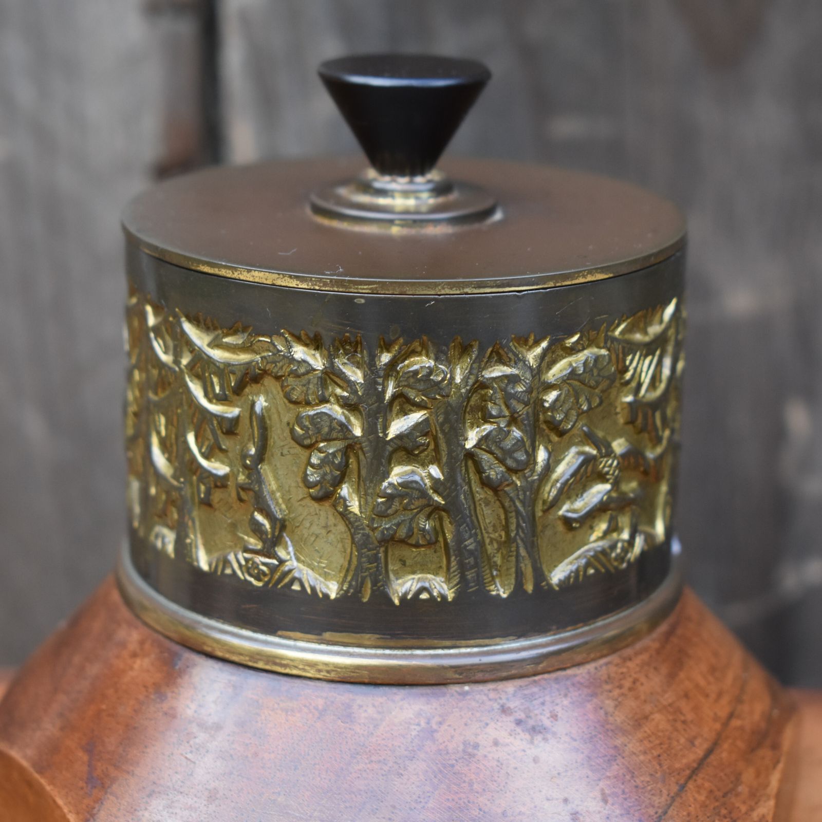 Antique Hermann Haller (1880 1950) Swiss Brass Repousse Wooden Lidded Pot photo 295.0