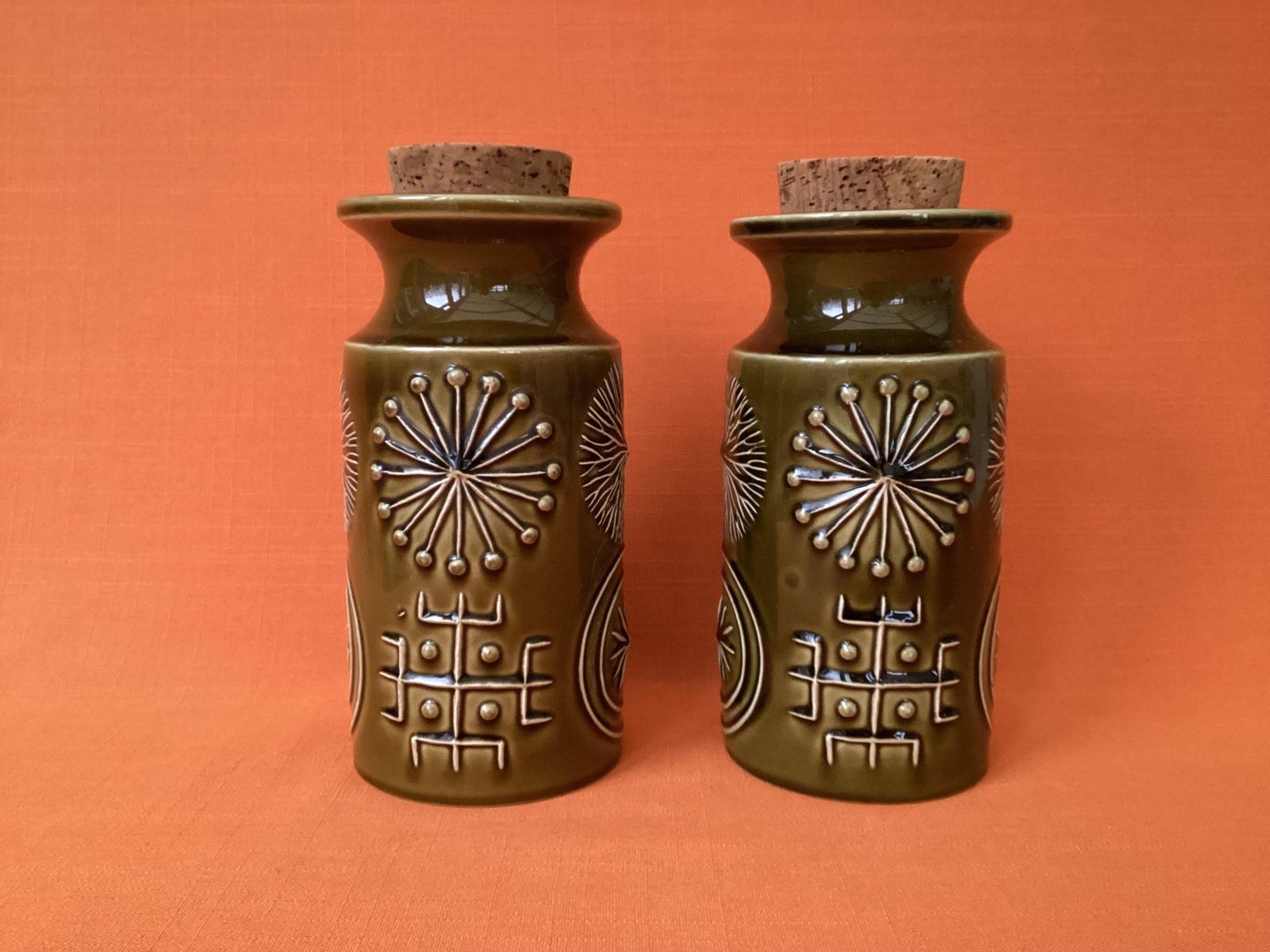 Pair Of Portmeirion Totem Storage Jars In Olive Green, Susan Williams Ellis Design photo for sale