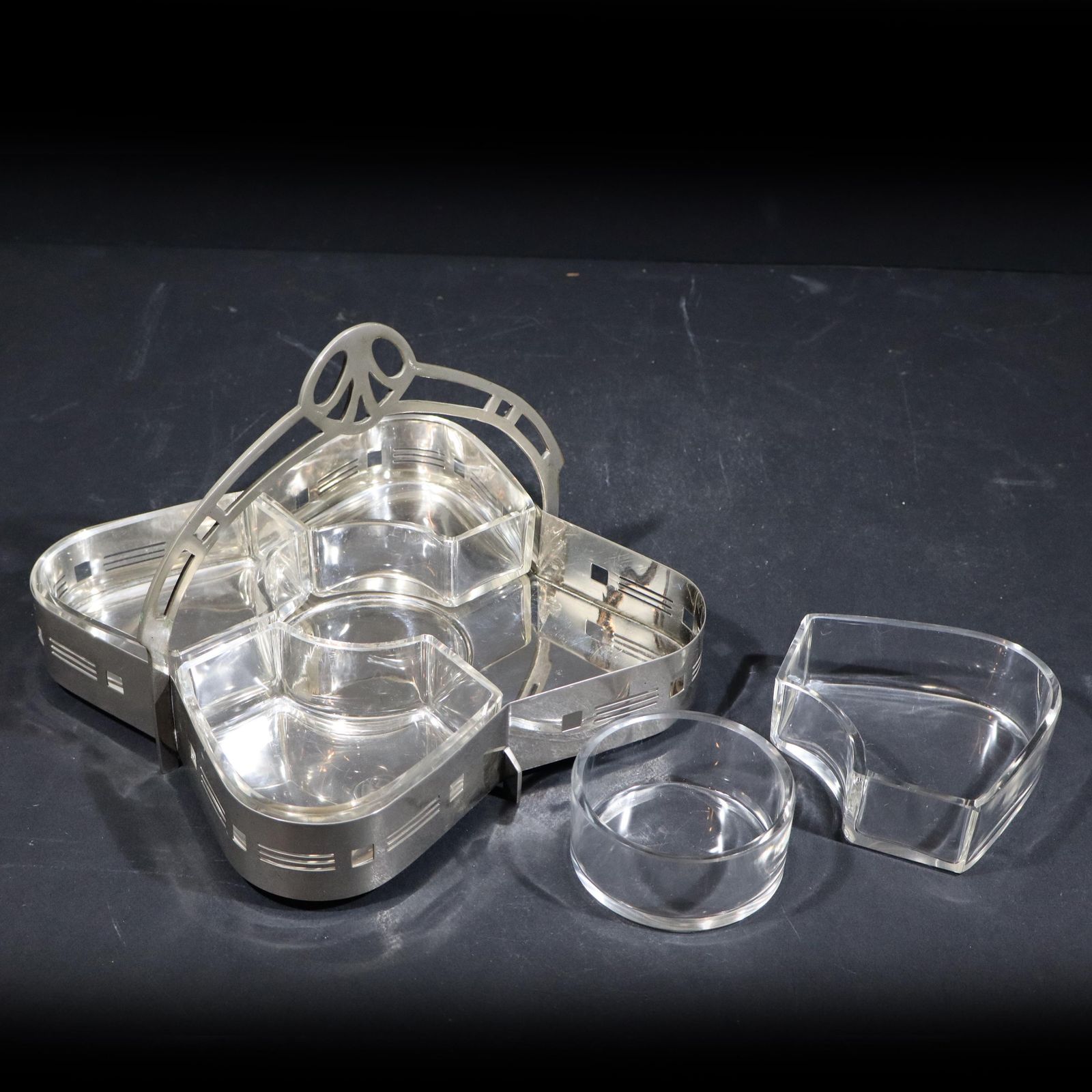French Silver Plated Art Nouveau Hors D'oeuvres Tray With Cut Glass Cocktail Dishes photo buy