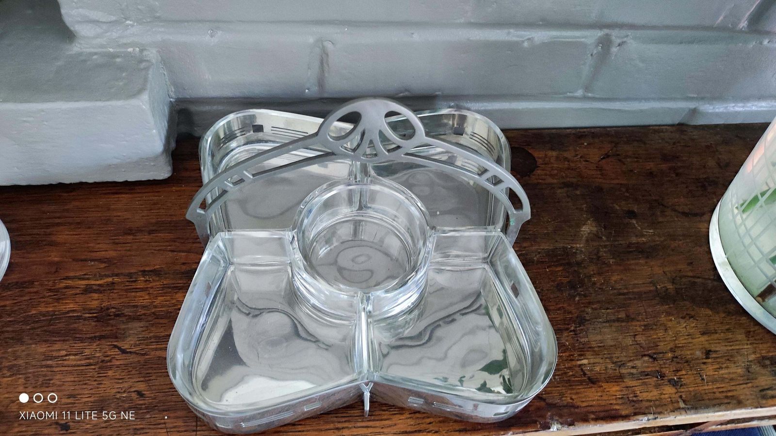 photo vintage French Silver Plated Art Nouveau Hors D'oeuvres Tray With Cut Glass Cocktail Dishes