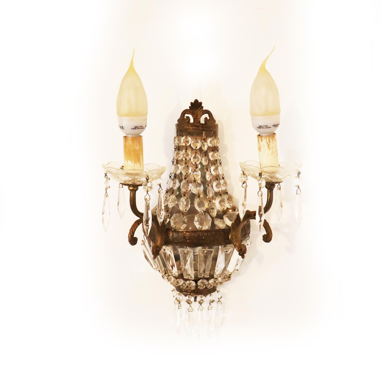 French Empire Style Wall Sconce With Crystal Pendants, Antique Twin Arm Girandoles
