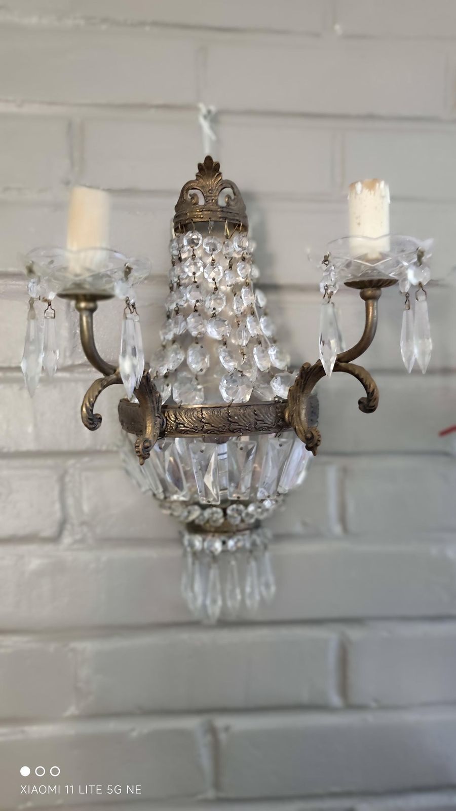 French Empire Style Wall Sconce With Crystal Pendants, Antique Twin Arm Girandoles photo furniture