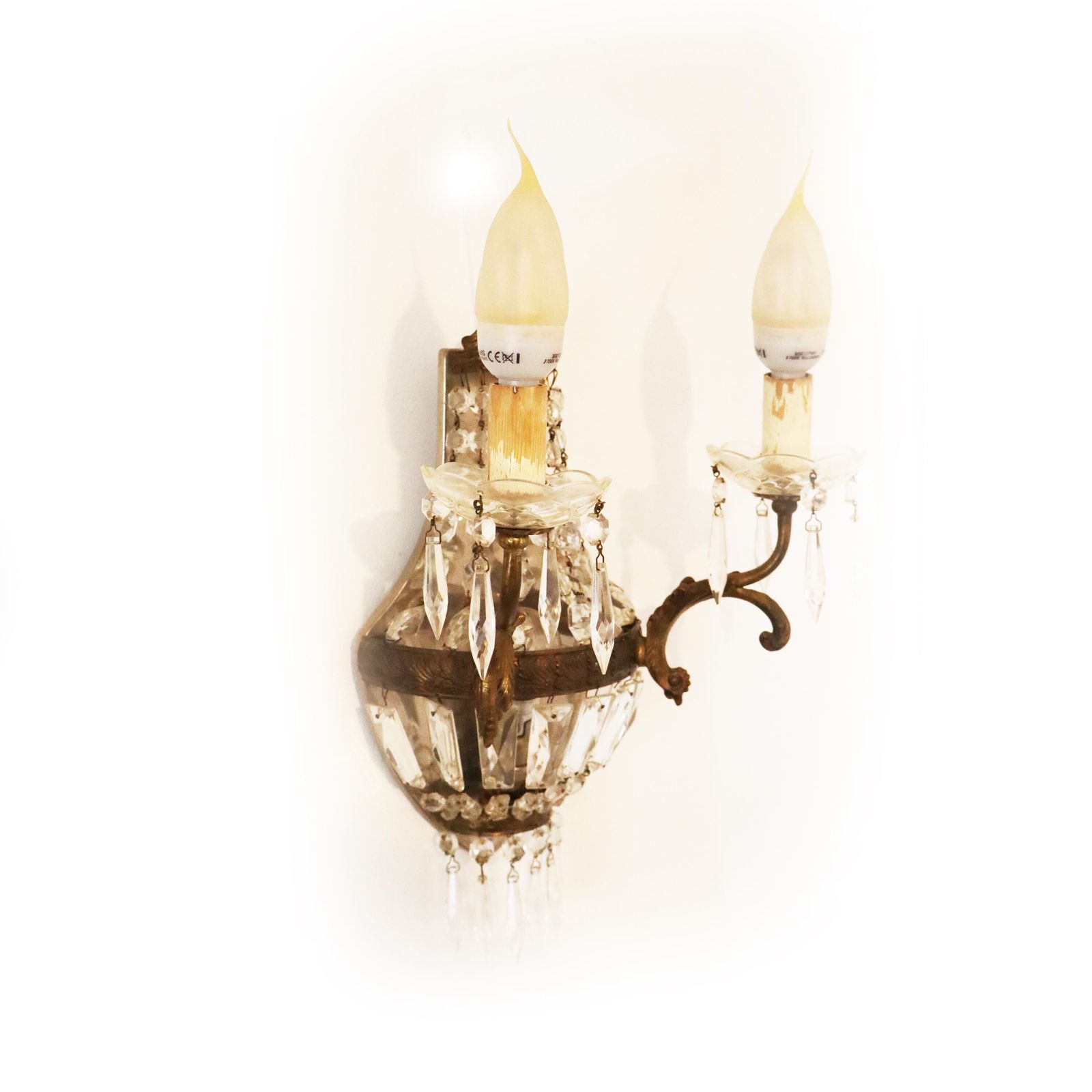 French Empire Style Wall Sconce With Crystal Pendants, Antique Twin Arm Girandoles photo vinterior