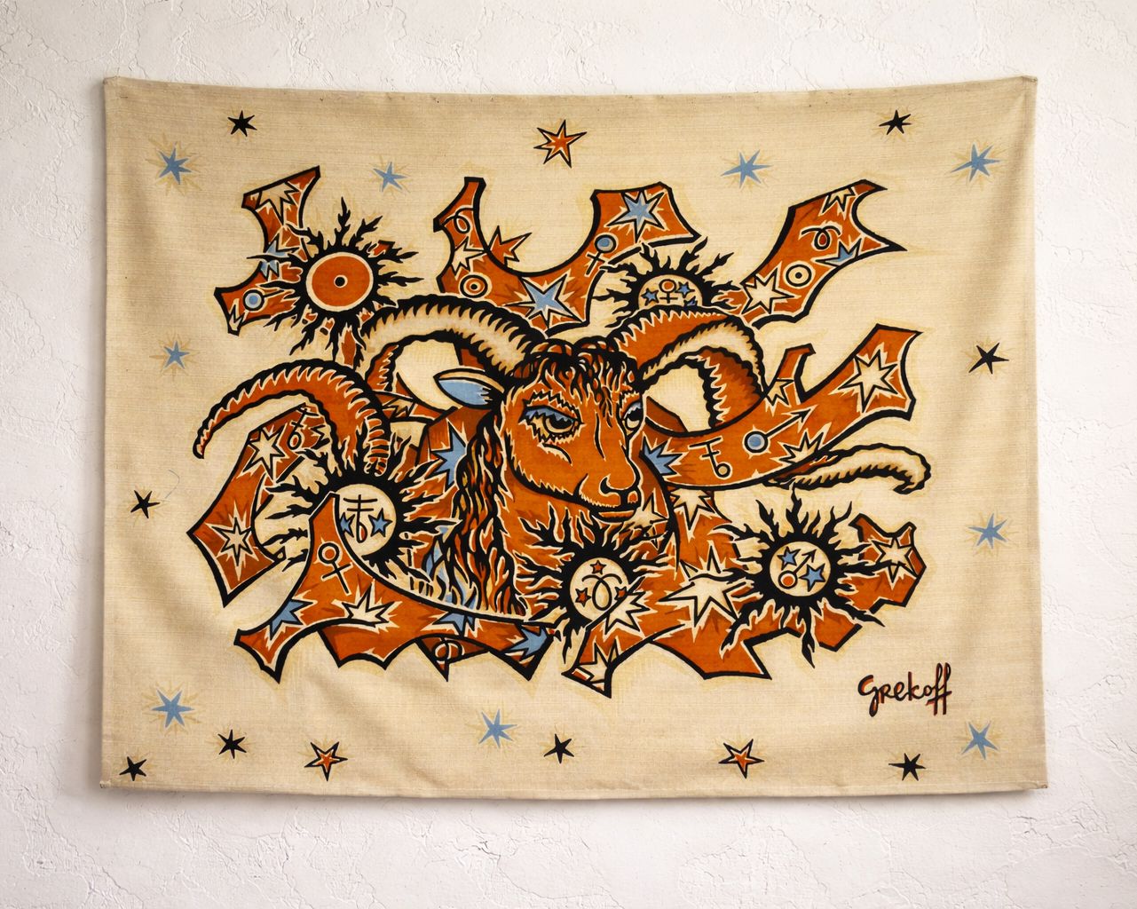 Zodiac Tapestry "The Aries" In Wool, Cartoon By Elie Grekoff, Published By Tanit, Paris, Circa 1970