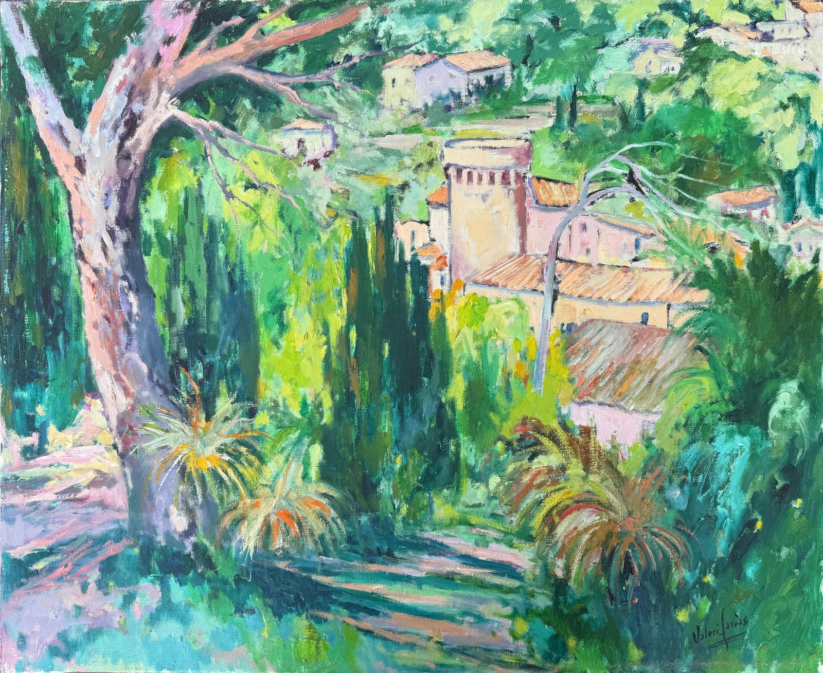 Valeri Farras Mediterranean Landscape With Architecture And Cypress Trees Oil On Canvas C.1990