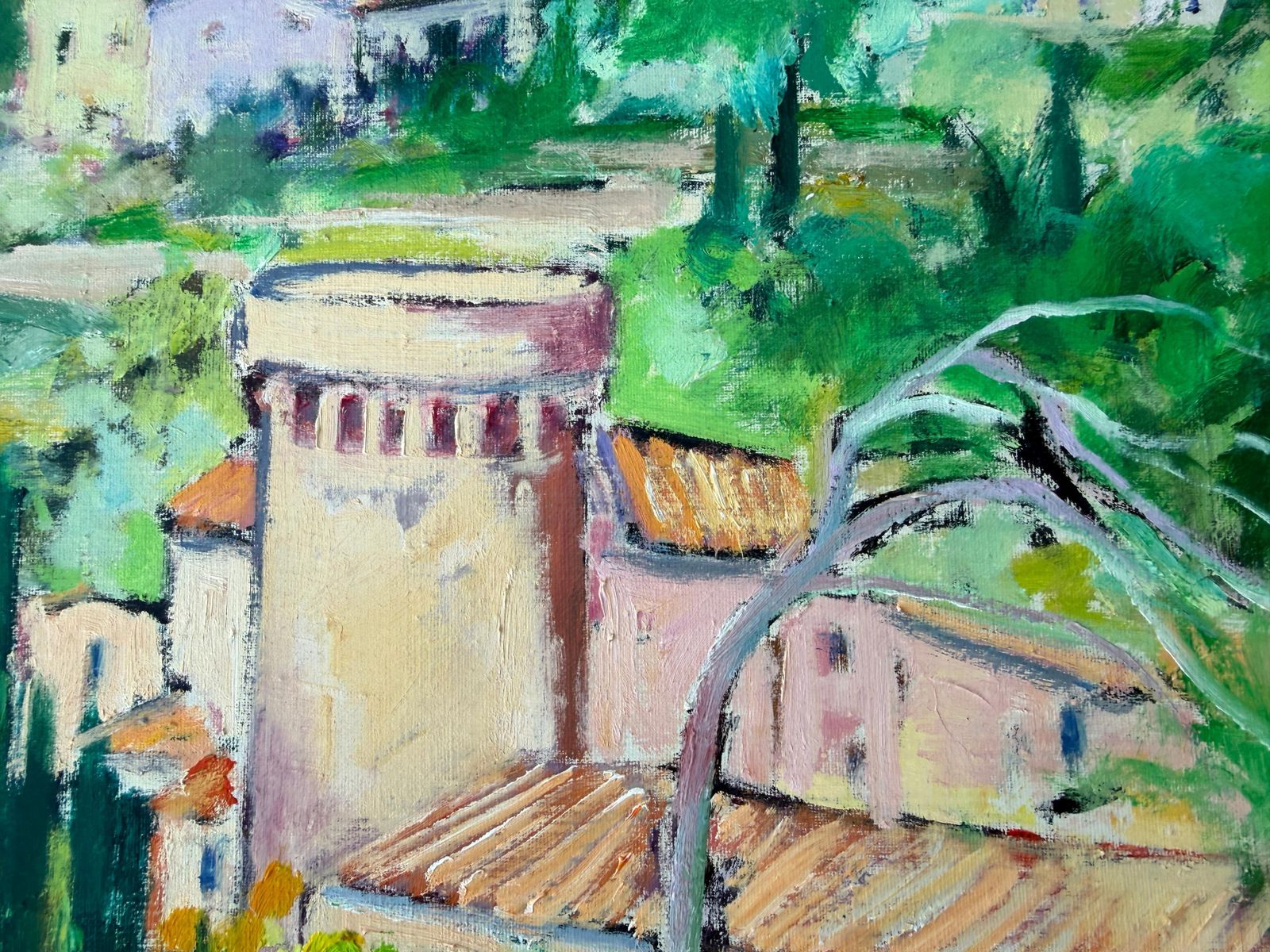 Valeri Farras Mediterranean Landscape With Architecture And Cypress Trees Oil On Canvas C.1990 photo Art
