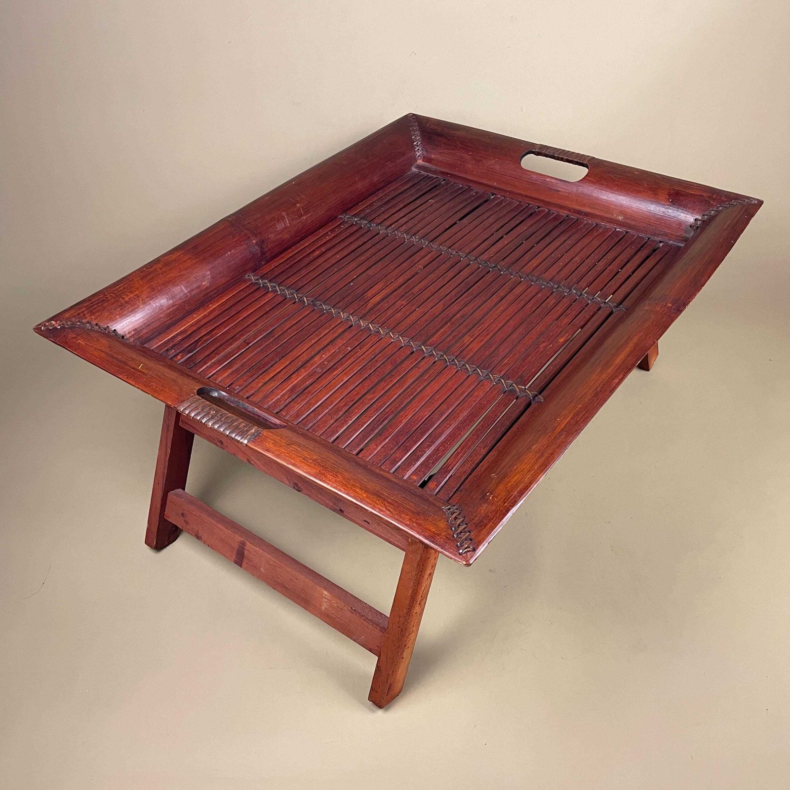 Vintage Oriental Bamboo Rattan Table Woven Boho Side Table Fold Down Mid Century Accent Tropical Furniture Coffee Wood Home Decor Rectangle photo for sale