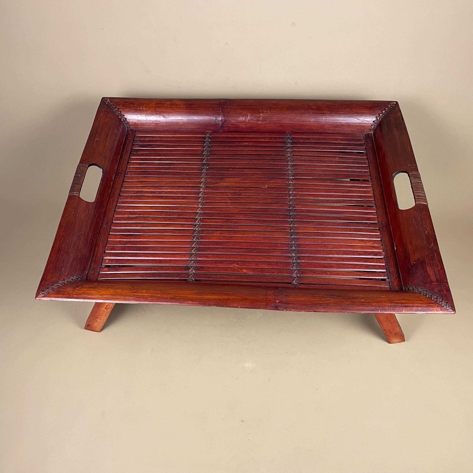 Vintage Oriental Bamboo Rattan Table Woven Boho Side Table Fold Down Mid Century Accent Tropical Furniture Coffee Wood Home Decor Rectangle photo vinterior