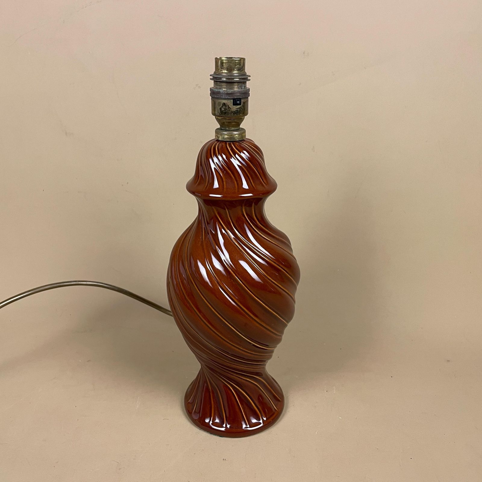 Ceramic Table Lamp Light Brown Twisted Swirl Design Round Retro Glaze Finish C.1970's Porcelain Bedside Baluster Vase Antique Vintage photo for sale
