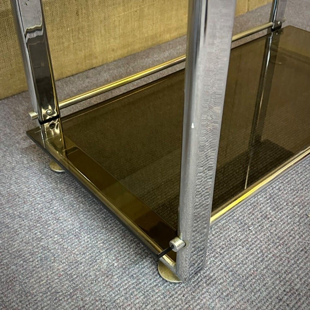 photo furniture Large Heavy Vintage Chrome And Smoked Glass Shelving Unit Five Shelves