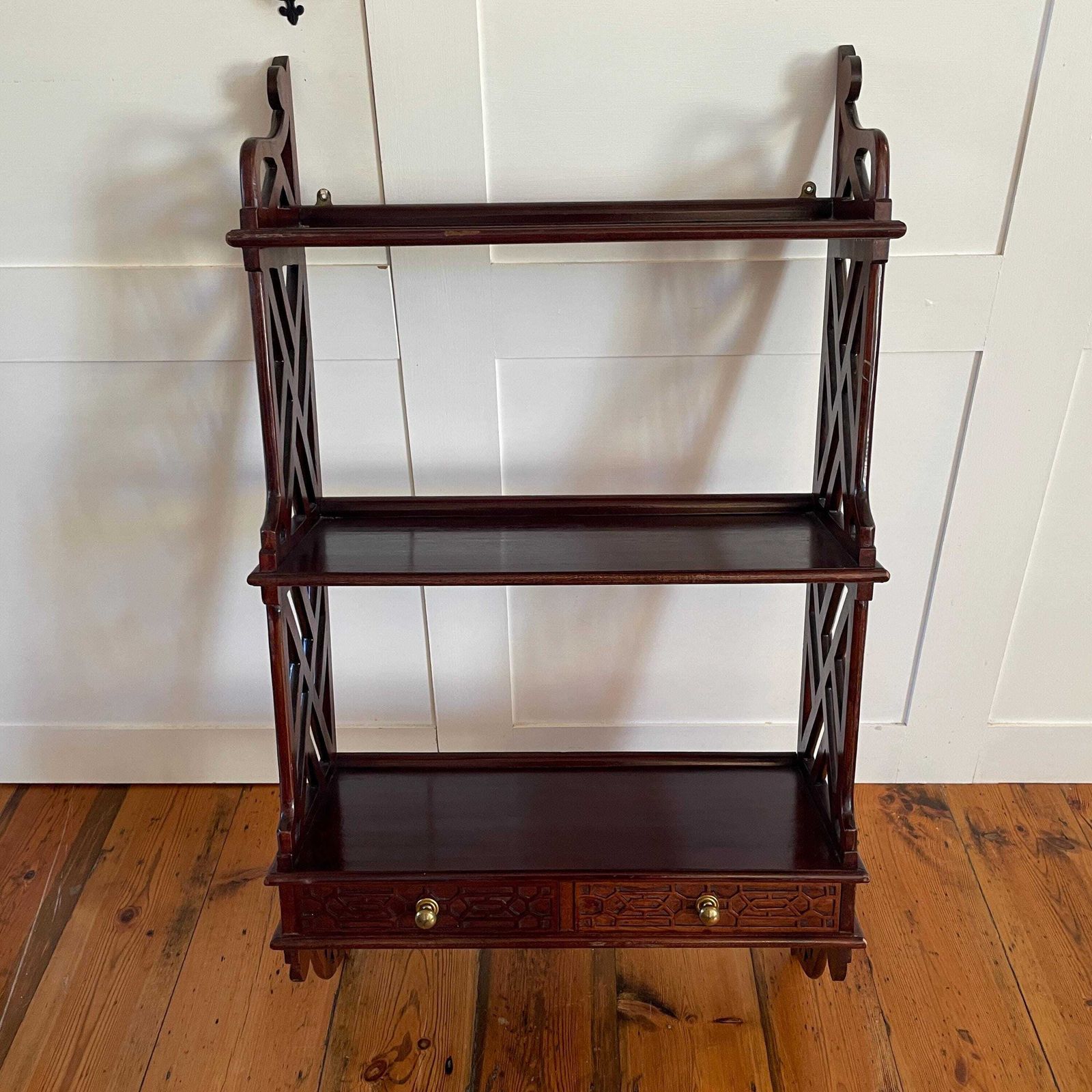 Chinese Wooden Wall Hanging Cabinet Shelves Wood Ornate Drawers 3 Tiers Mahogany Antique Vintage Oriental Carved Chippendale Style Fretwork photo furniture