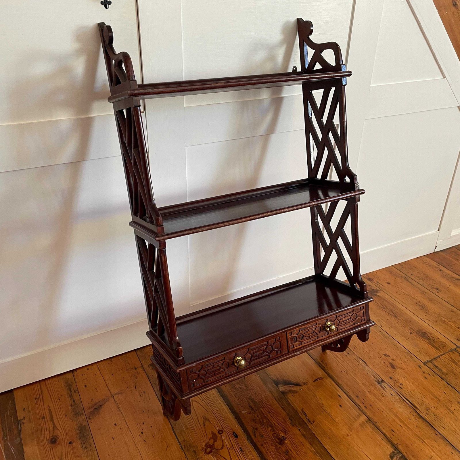 Chinese Wooden Wall Hanging Cabinet Shelves Wood Ornate Drawers 3 Tiers Mahogany Antique Vintage Oriental Carved Chippendale Style Fretwork photo 445.0