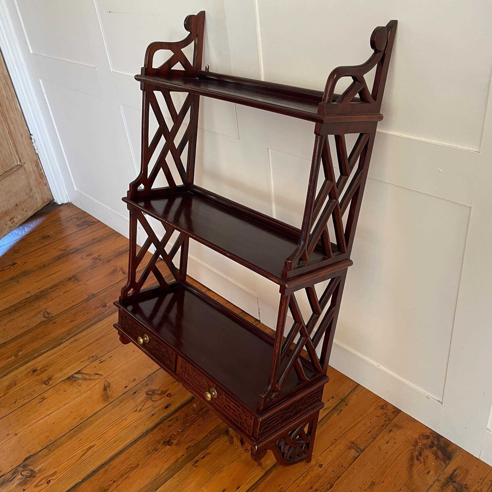 Chinese Wooden Wall Hanging Cabinet Shelves Wood Ornate Drawers 3 Tiers Mahogany Antique Vintage Oriental Carved Chippendale Style Fretwork photo vinterior