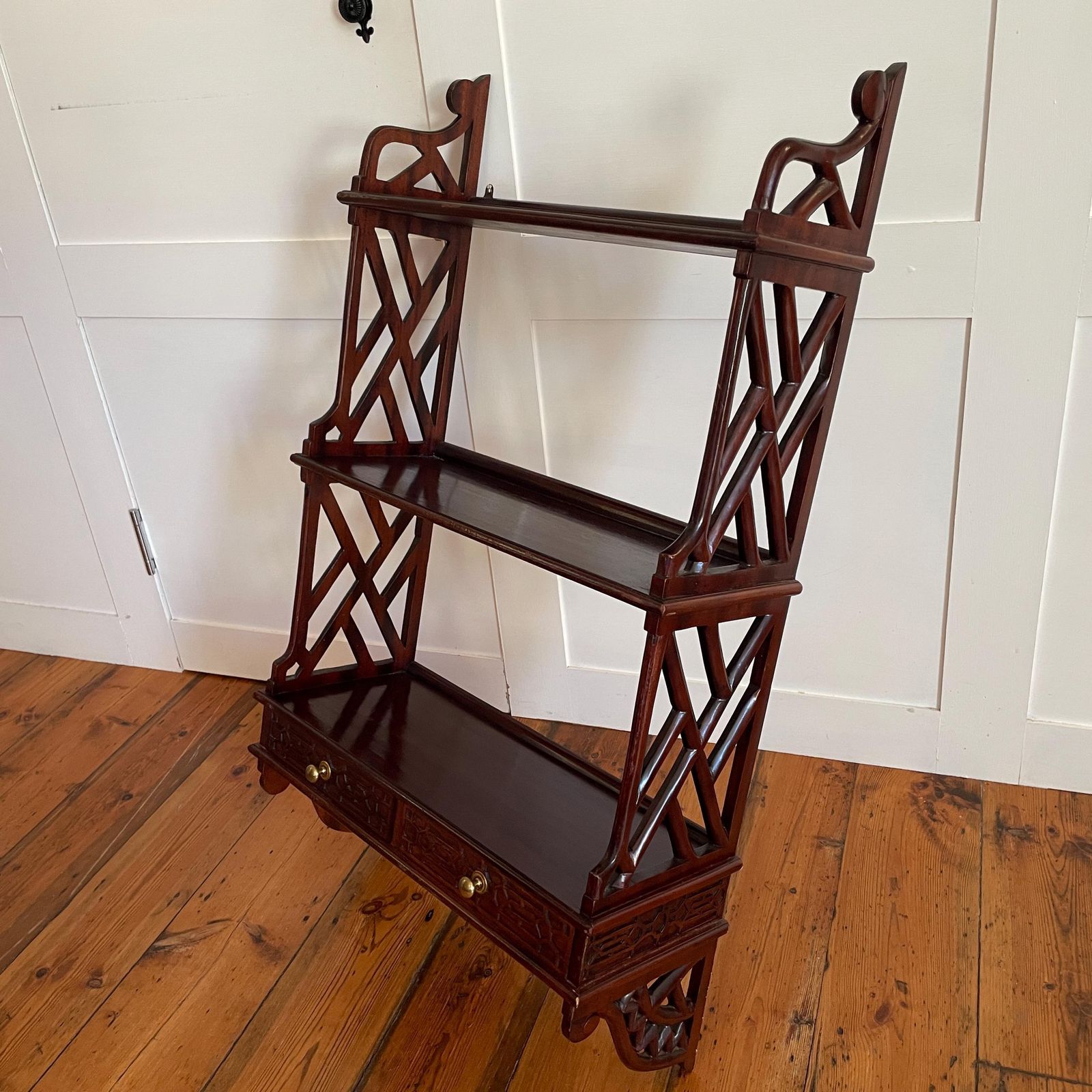 Furniture Chinese Wooden Wall Hanging Cabinet Shelves Wood Ornate Drawers 3 Tiers Mahogany Antique Vintage Oriental Carved Chippendale Style Fretwork photo