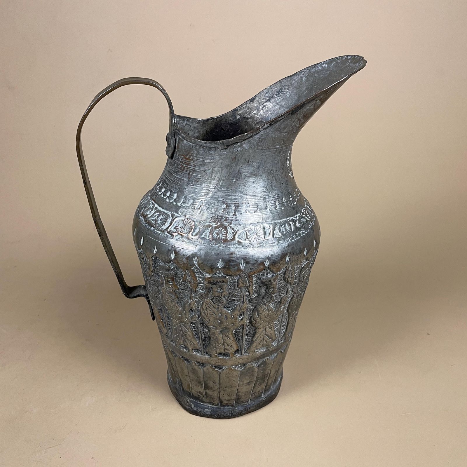 Antique Metal Tinned Copper Silver Middle East Ewer Pitcher Vase Patterned Plant Pot Jug Planter Jardiniere Handmade Intricate Decorative photo for sale