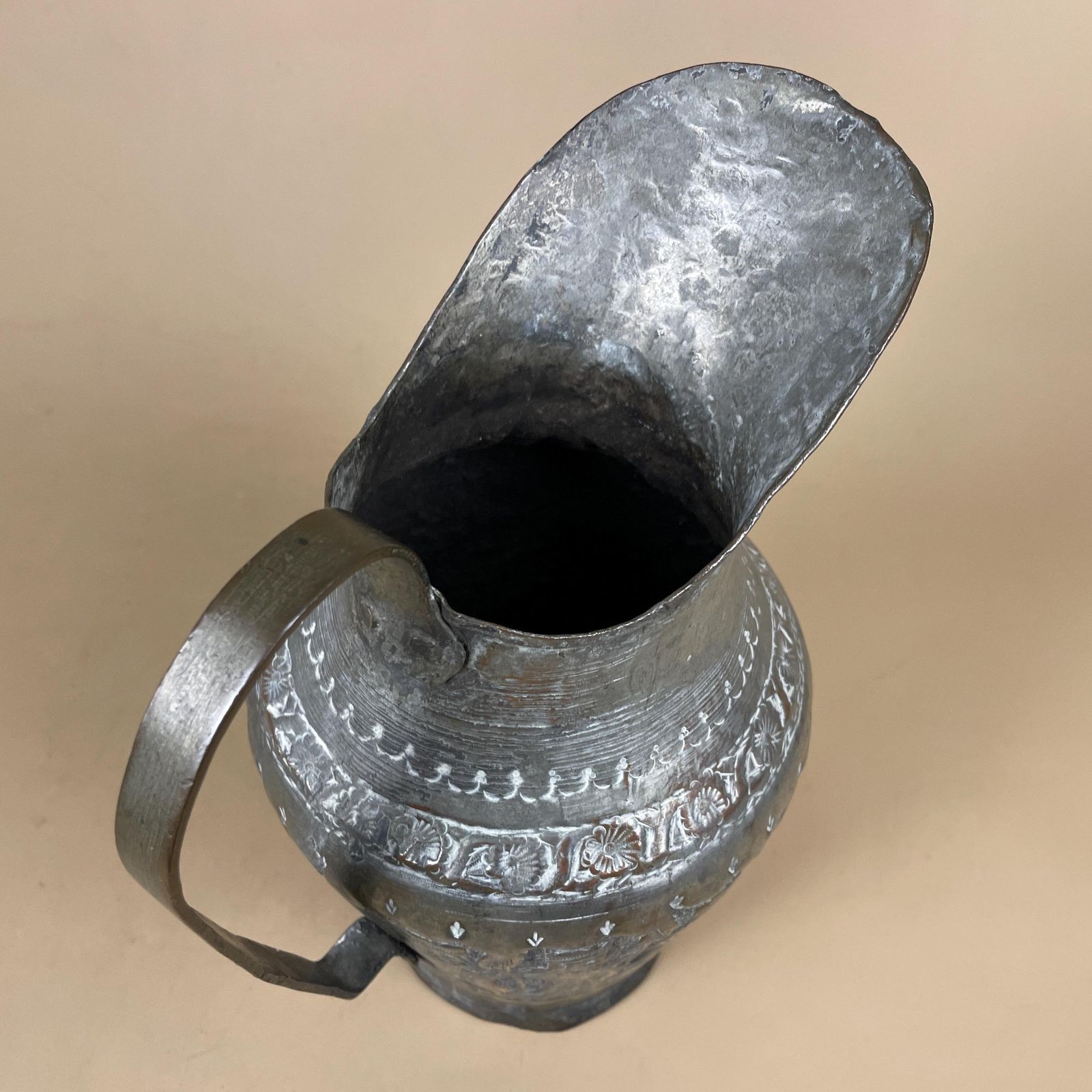 Antique Metal Tinned Copper Silver Middle East Ewer Pitcher Vase Patterned Plant Pot Jug Planter Jardiniere Handmade Intricate Decorative photo vinterior