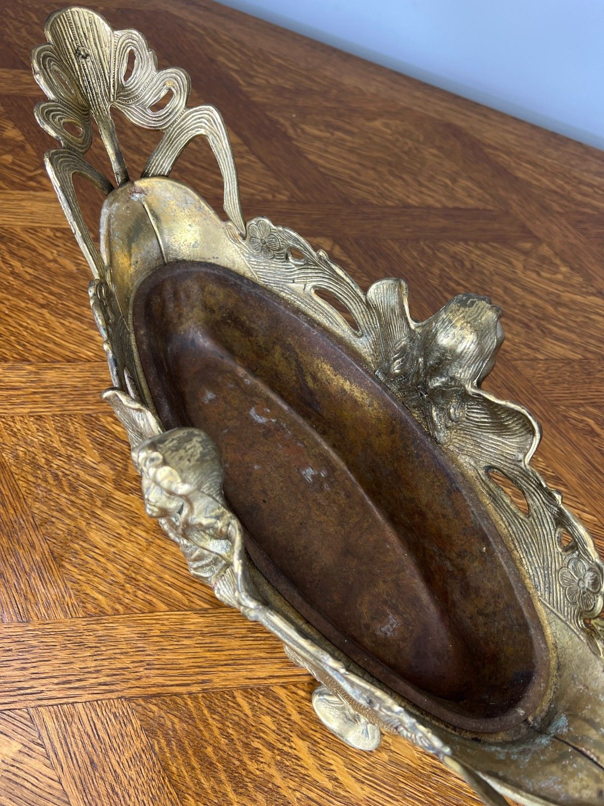 299.0 French Art Nouveau Jardiniere, Antique Brass Planter Brass Ornate Lot 4679 photo