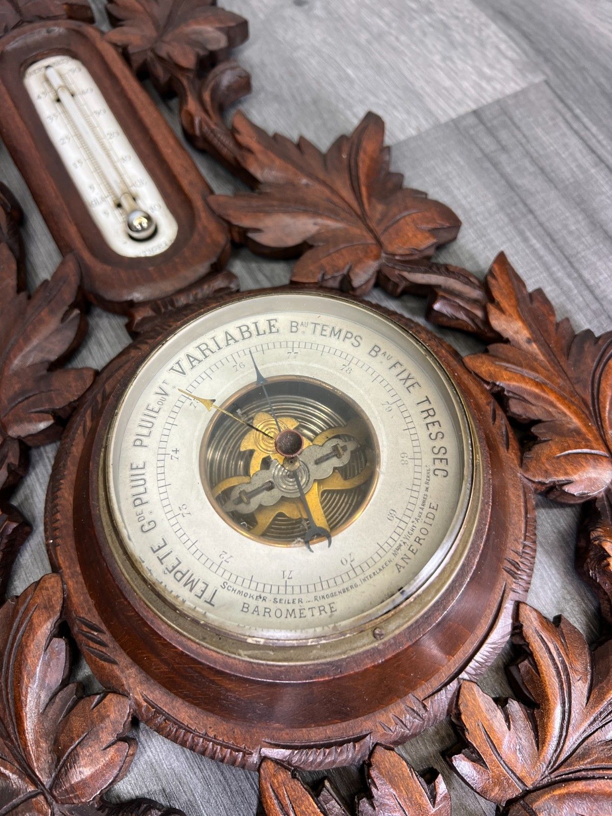 photo furniture Barometer Vintage French Carved Walnut Wall Barometer Thermometer Lot 4689
